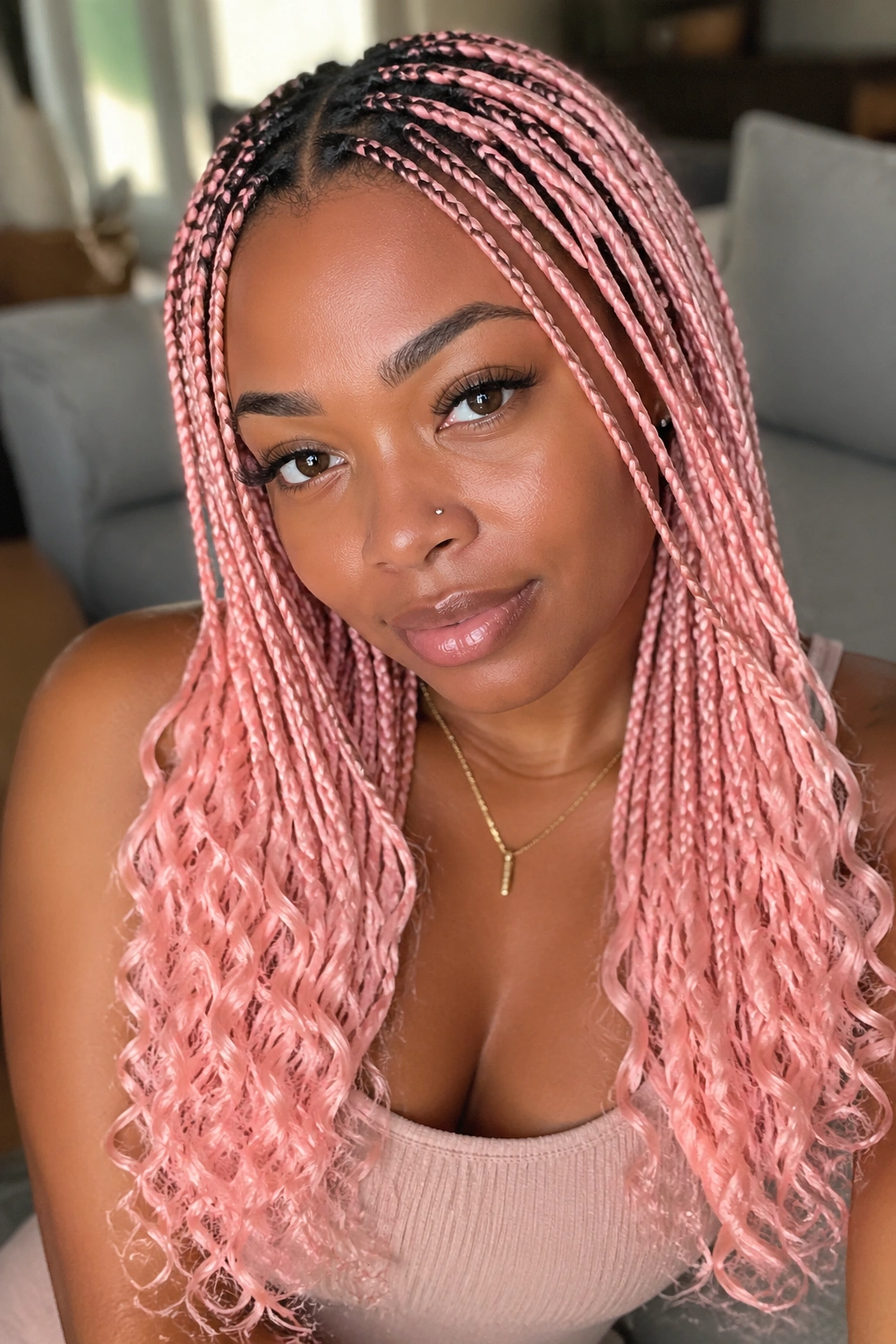 Close-up portrait of a real woman with soft blush pink knotless box braids and loose spiral ends