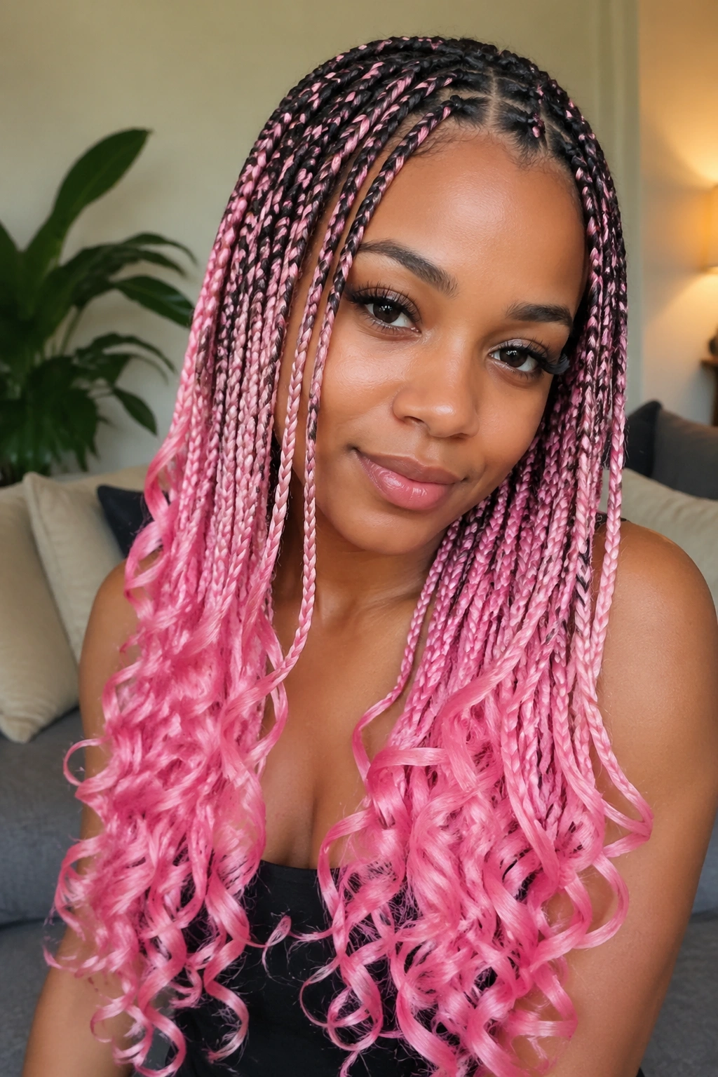 Real-person portrait of pink ombré knotless braids with curled tails