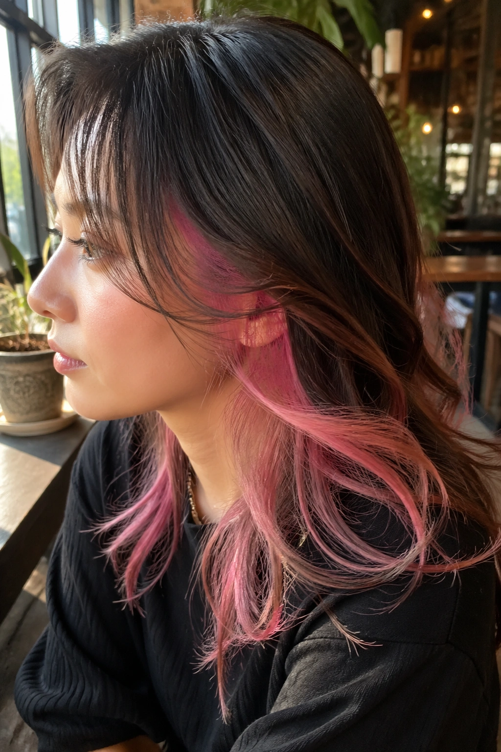 Portrait of a real woman with pink peekaboo panels under a natural top layer.