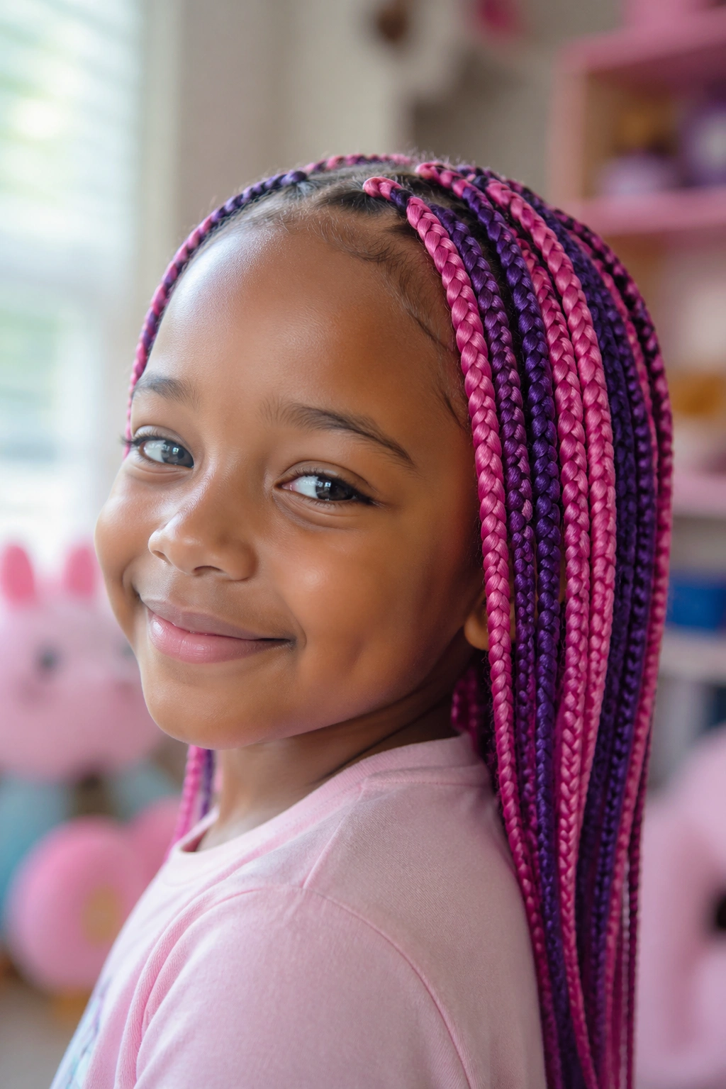 Real child with pink and purple box braids in a playful indoor setting.