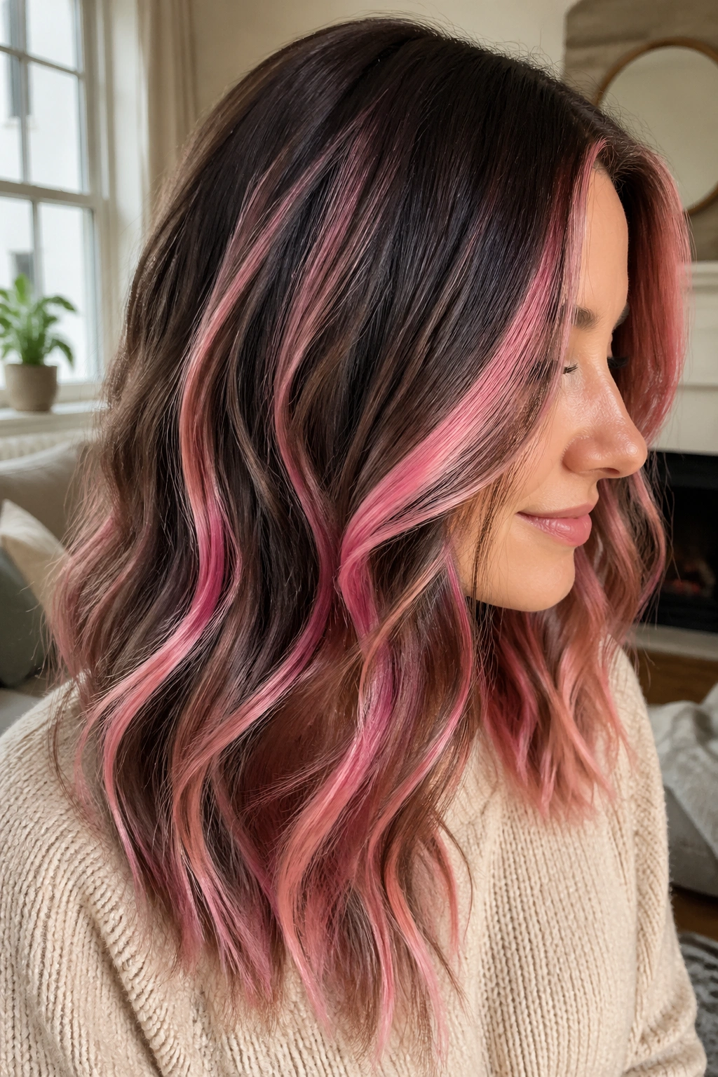Brunette with pink ribbon highlights weaving through hair.