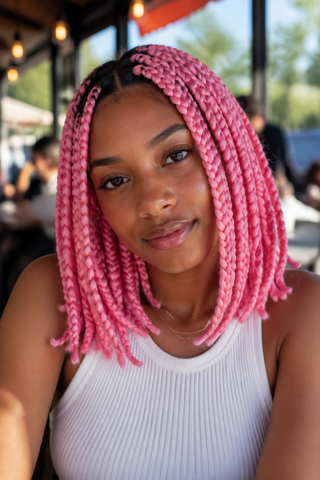 Close-up of real person with shoulder-length pink jumbo braids framing the face in daylight