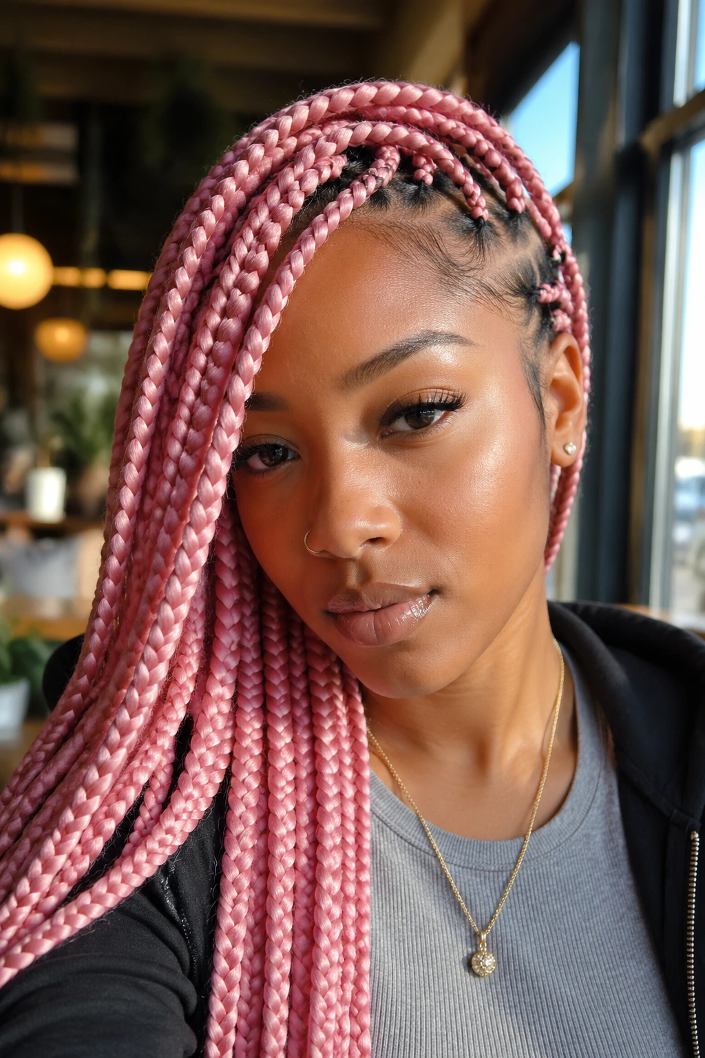 Real woman with side-swept pink lemonade braids framing the face in a sunlit cafe