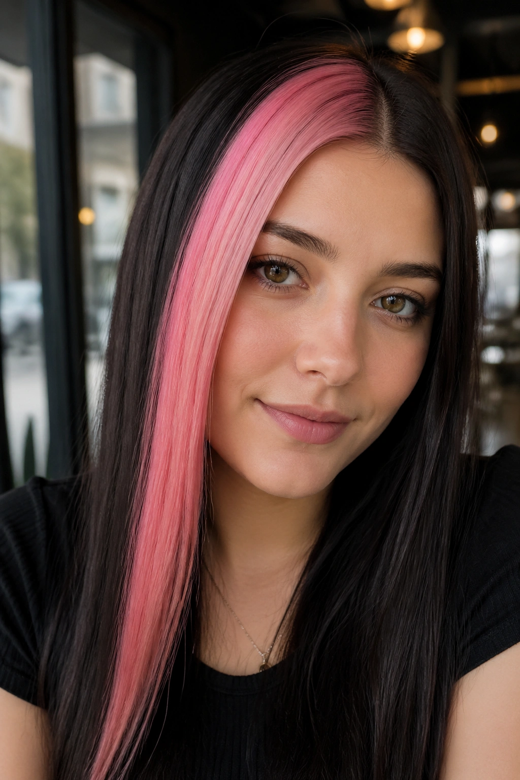 Real woman with pink skunk stripe at the front hairline