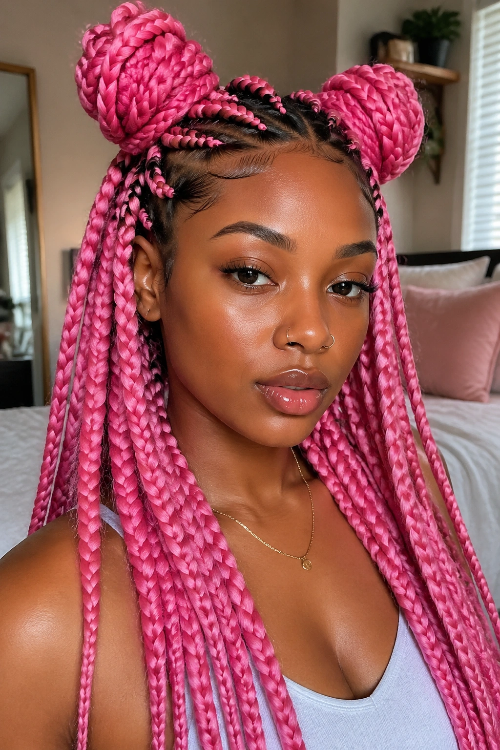 Close-up of real person with pink jumbo space buns and loose tails in a sunlit bedroom