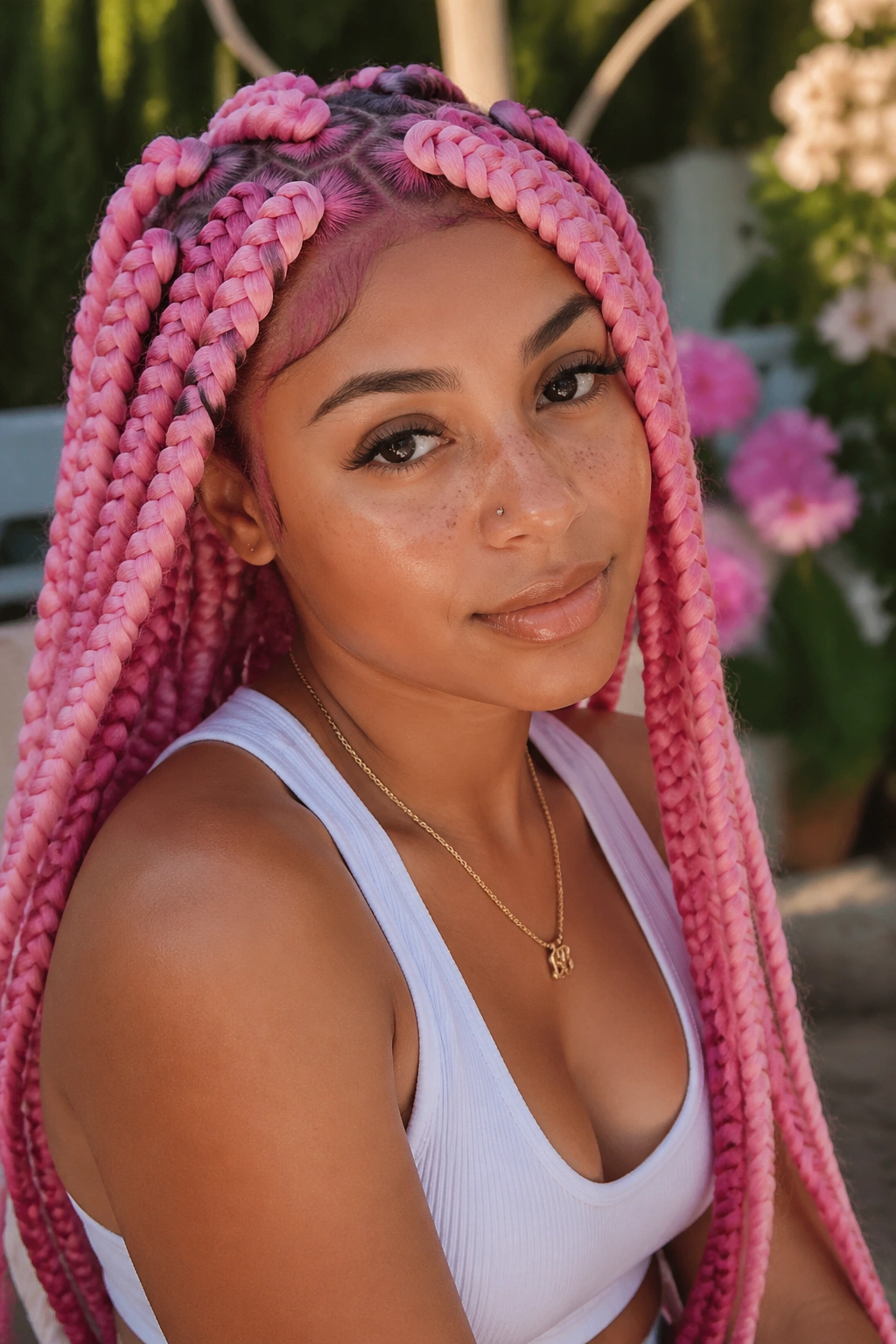Close-up of real person with two-tone pink jumbo braids showing darker roots and lighter front layers