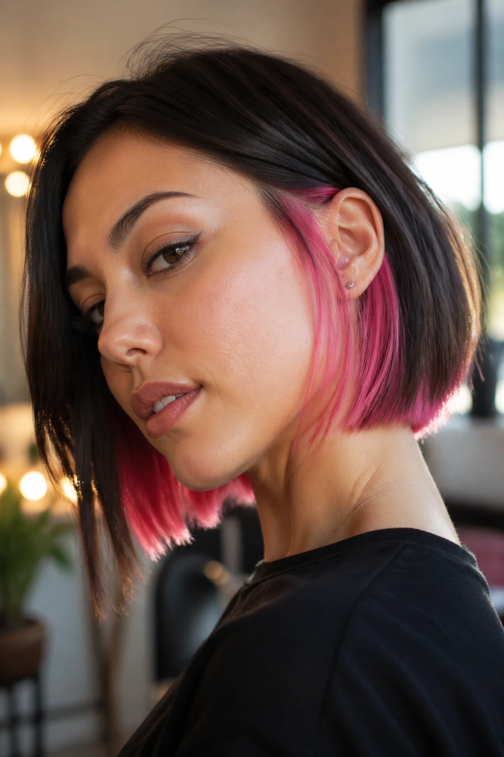 Close-up of real person with pink underlights beneath a blunt bob in natural window light.