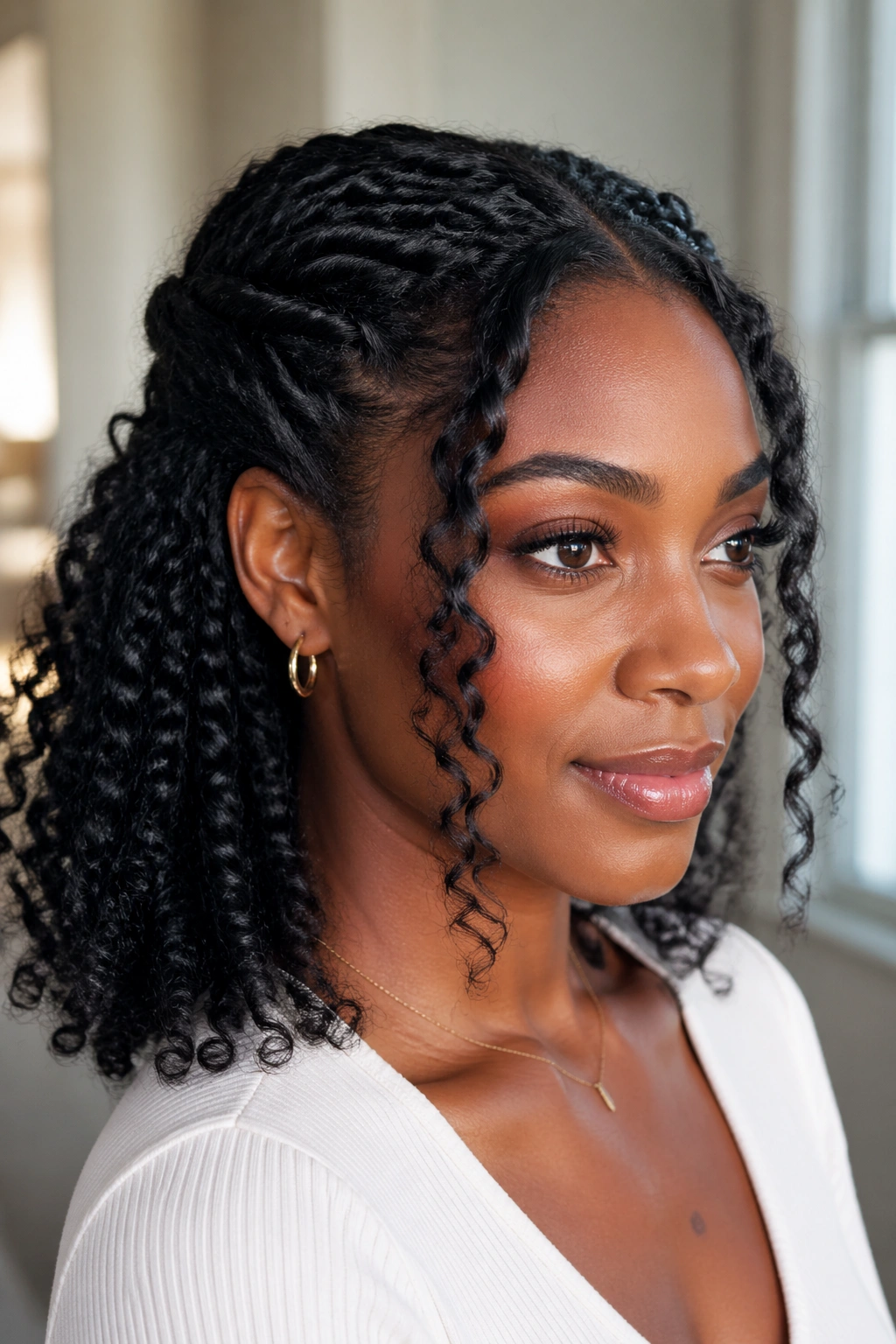 Close-up of a real woman with pinned-back braid-out and loose front pieces