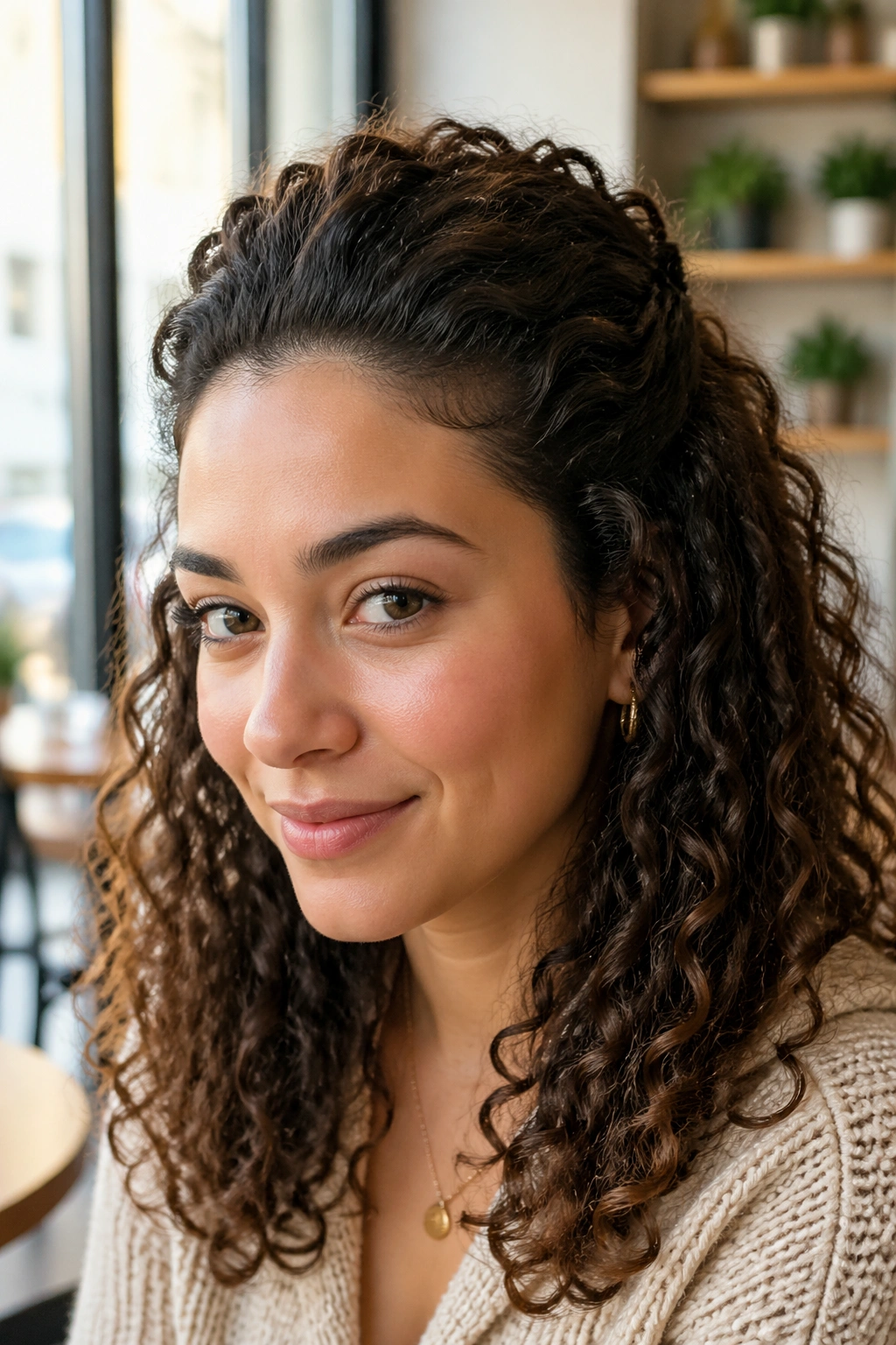Close-up portrait showing pinned-back volume crown on curly hair