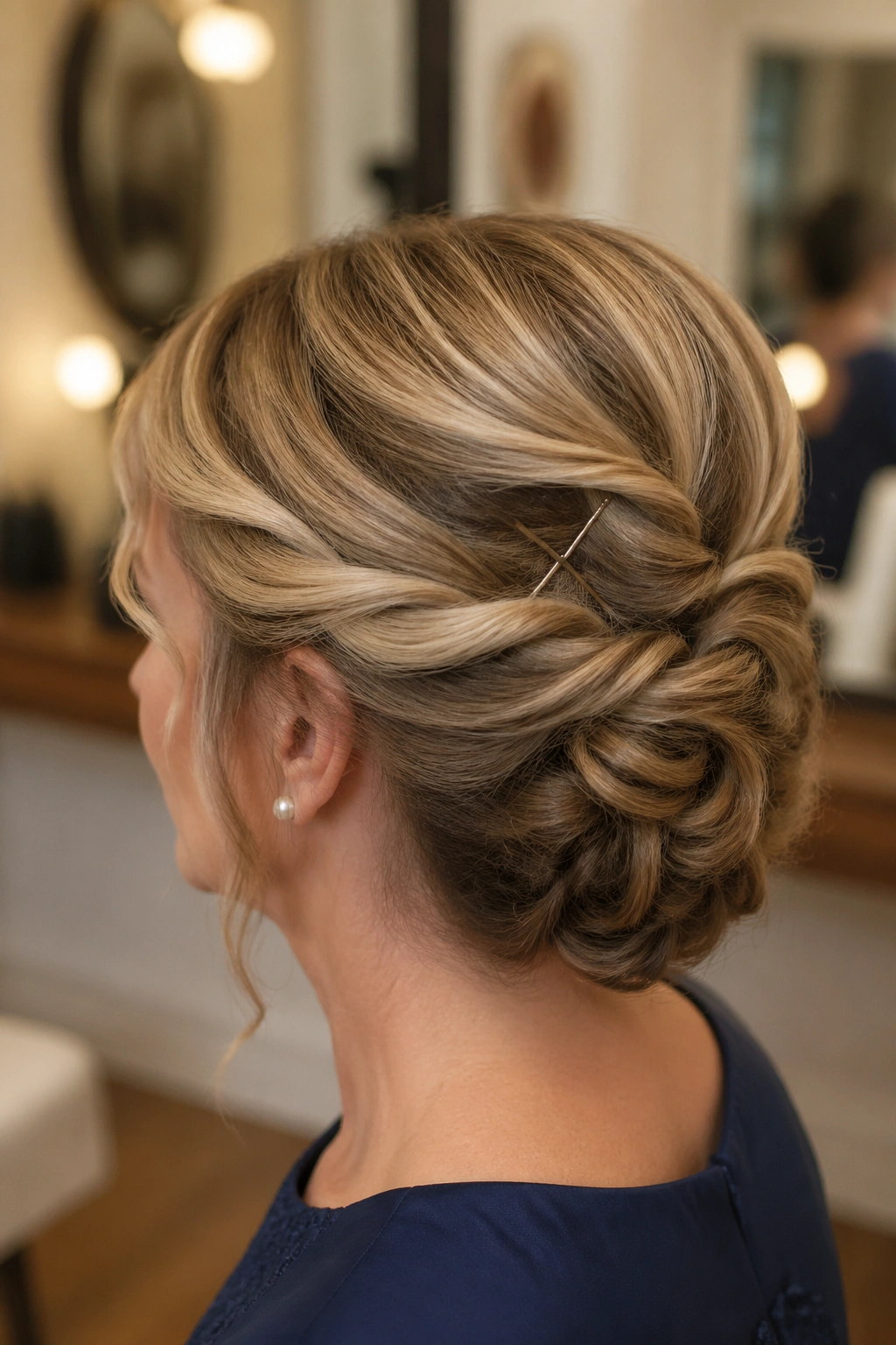 Shoulder-length rope braid pinned updo on real woman
