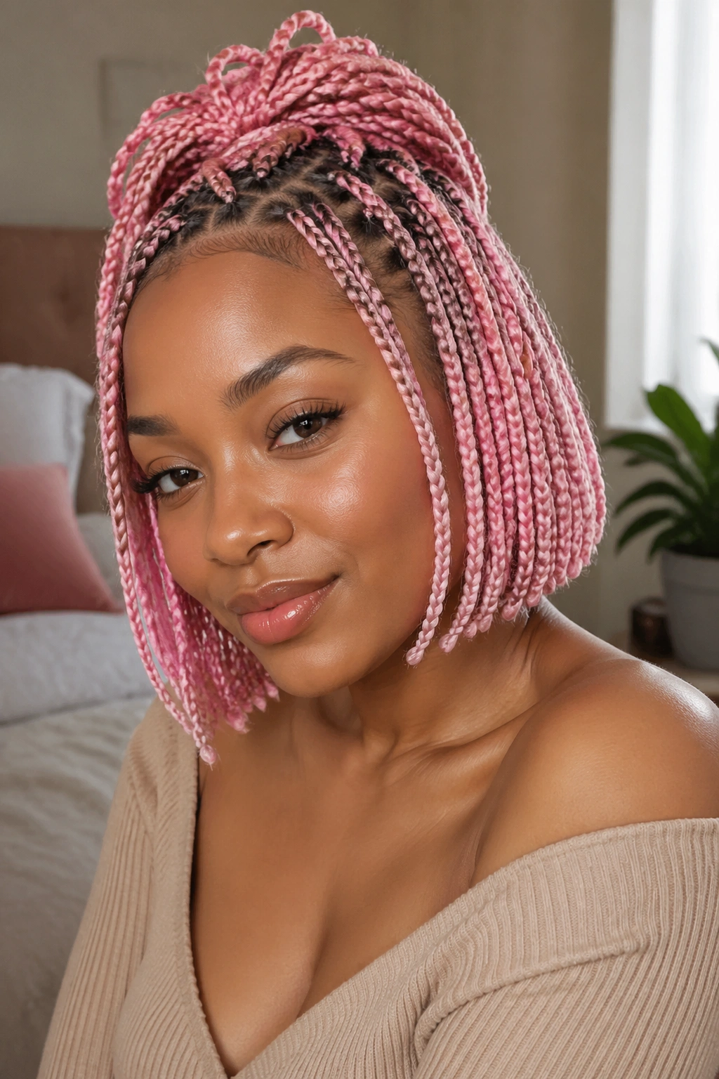 Real person with pinned-up pink box braids