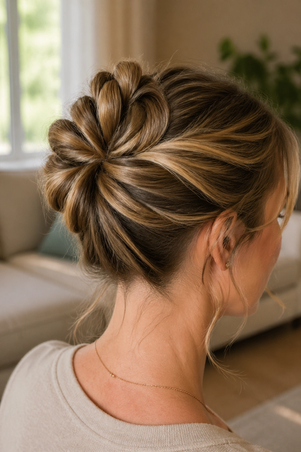 Close-up of a real woman's head showing a pinwheel bun with four twists forming a wheel at the back