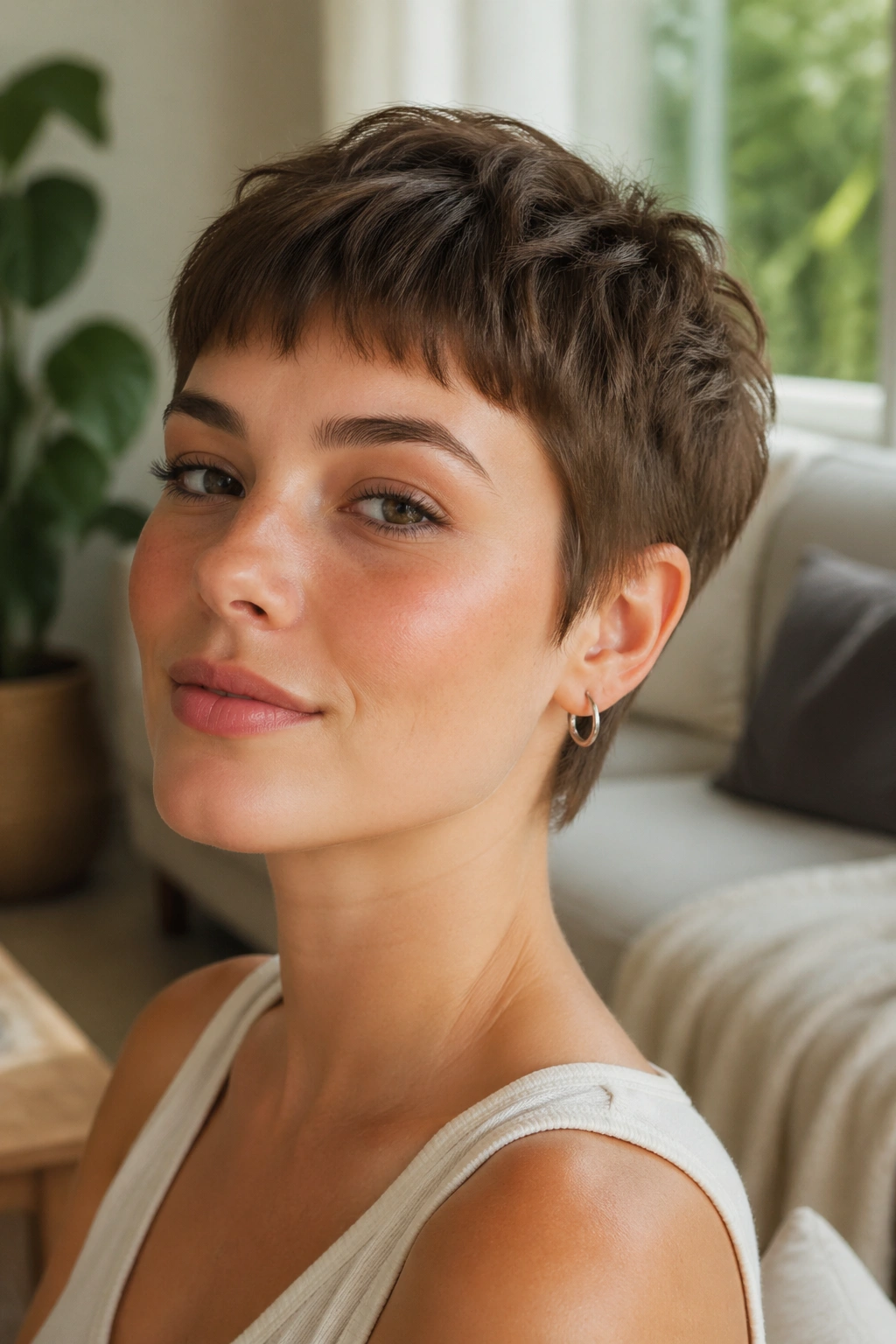 Close-up of a pixie with baby bangs and soft textured fringe in warm natural light