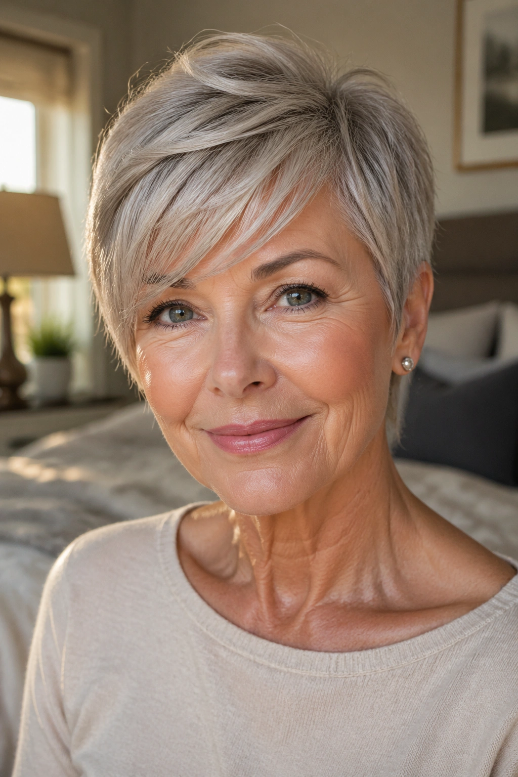 Close-up portrait of a woman with soft side-swept pixie bangs in a sunlit bedroom