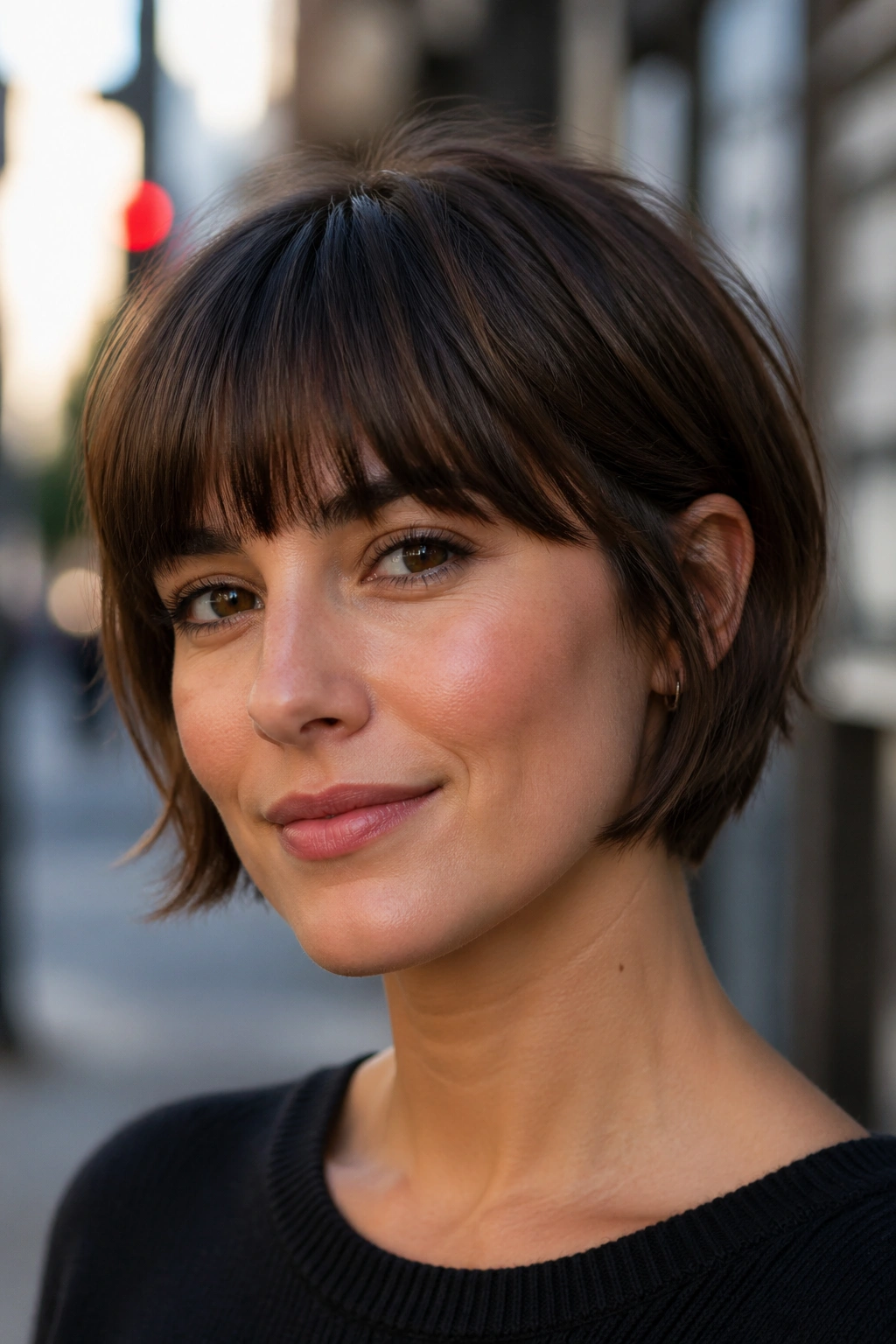Close-up of a real person with pixie bob hybrid and full bangs on an urban street