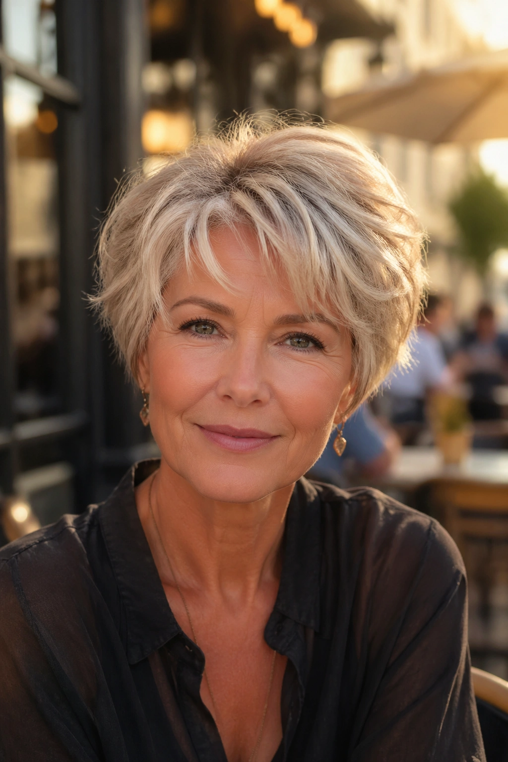 Real woman with feathered pixie bob in golden-hour urban setting.