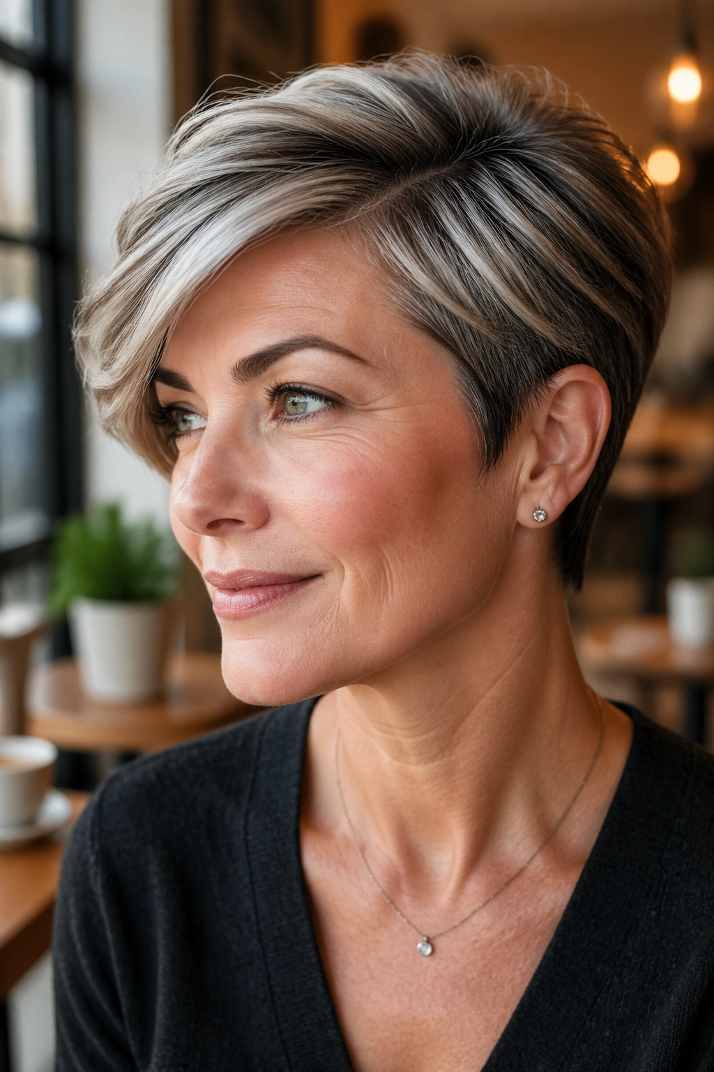 Close-up of a real woman with a side-swept pixie-bob and dark roast shadows in a warm cafe.