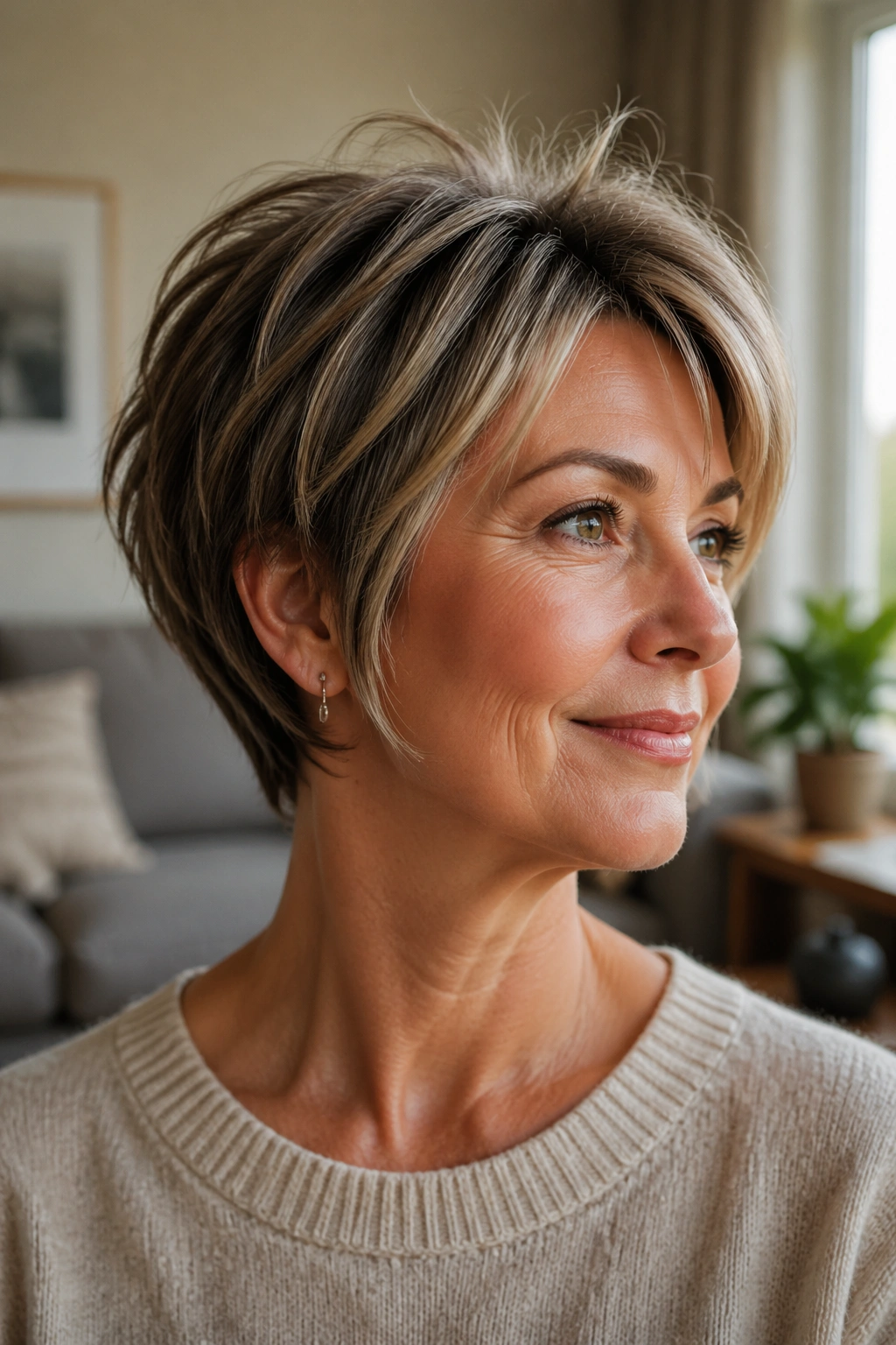Close-up of a real woman with pixie bob hybrid hairstyle in a warm living room