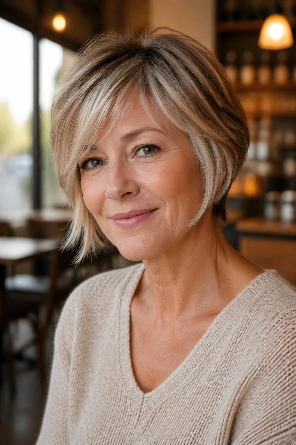 Medium close-up portrait of a woman with pixie-bob hybrid hairstyle in a sunlit cafe