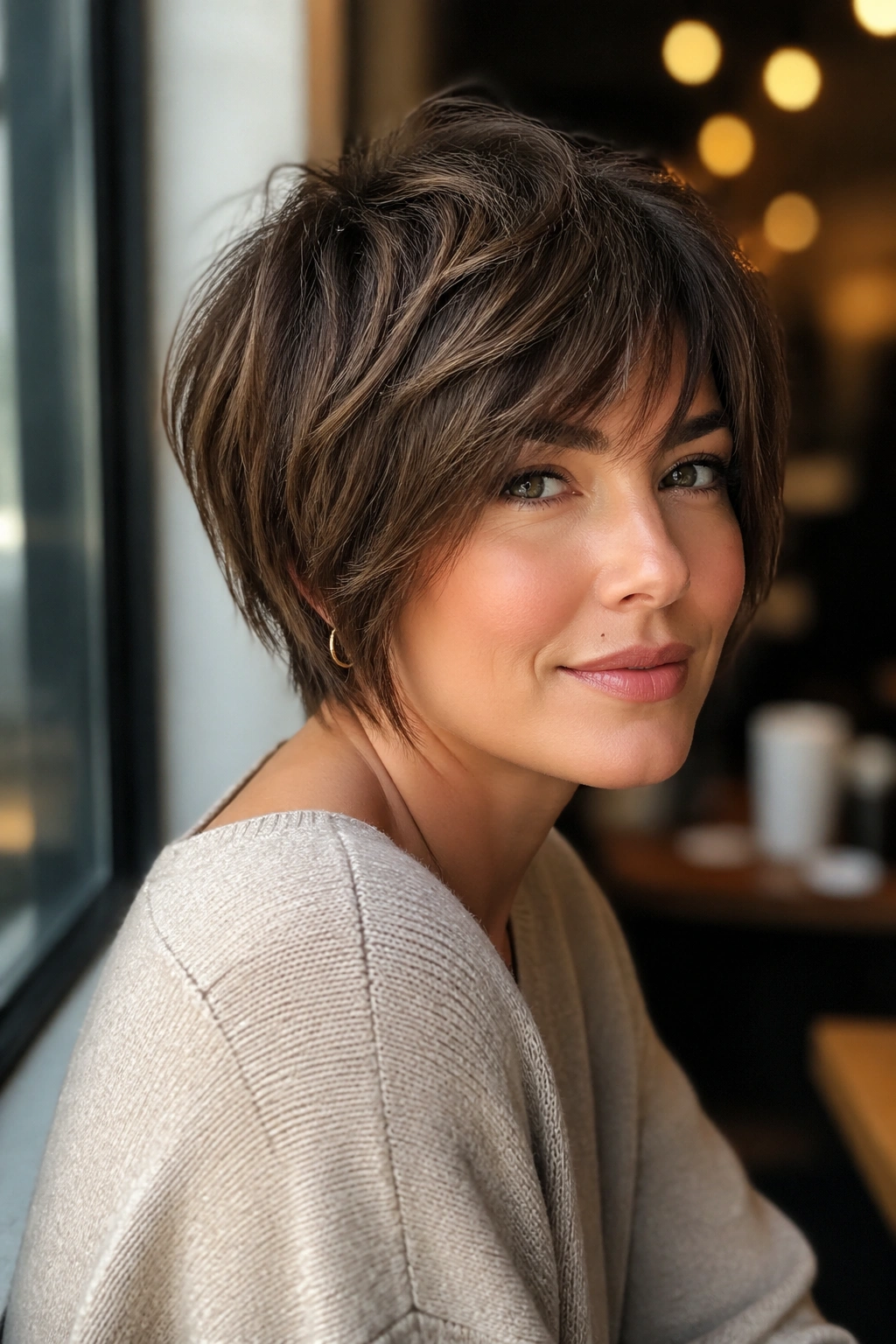 Medium close-up of a real woman with pixie bob hybrid hairstyle in a cafe setting.