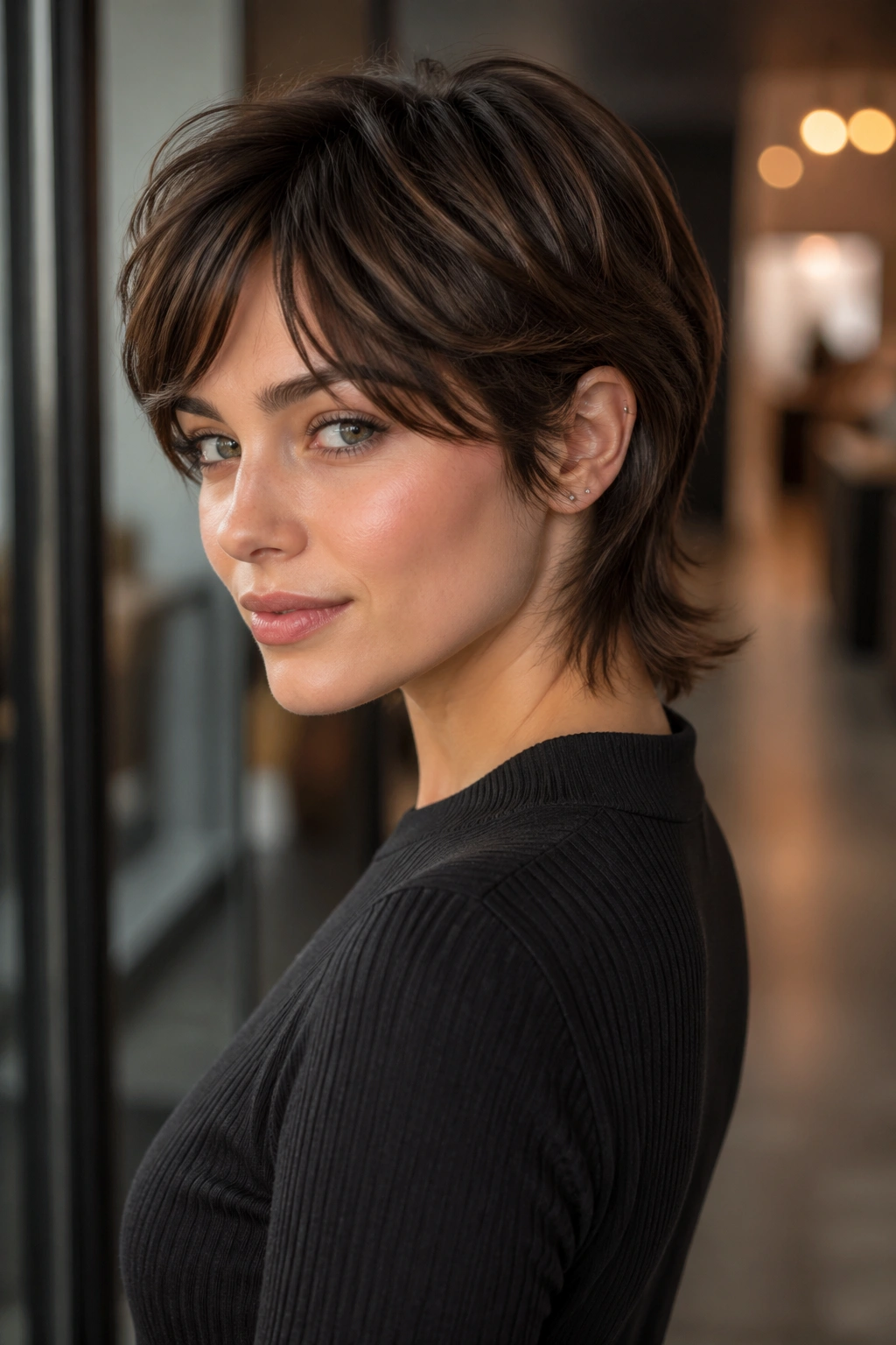 Three-quarter portrait of a real person with a neck-length pixie-bob showing layered top and back.