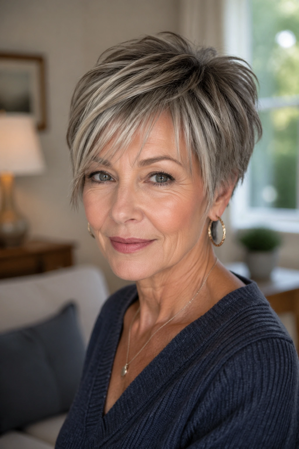 Close-up of a real woman with a choppy pixie bob and side fringe.