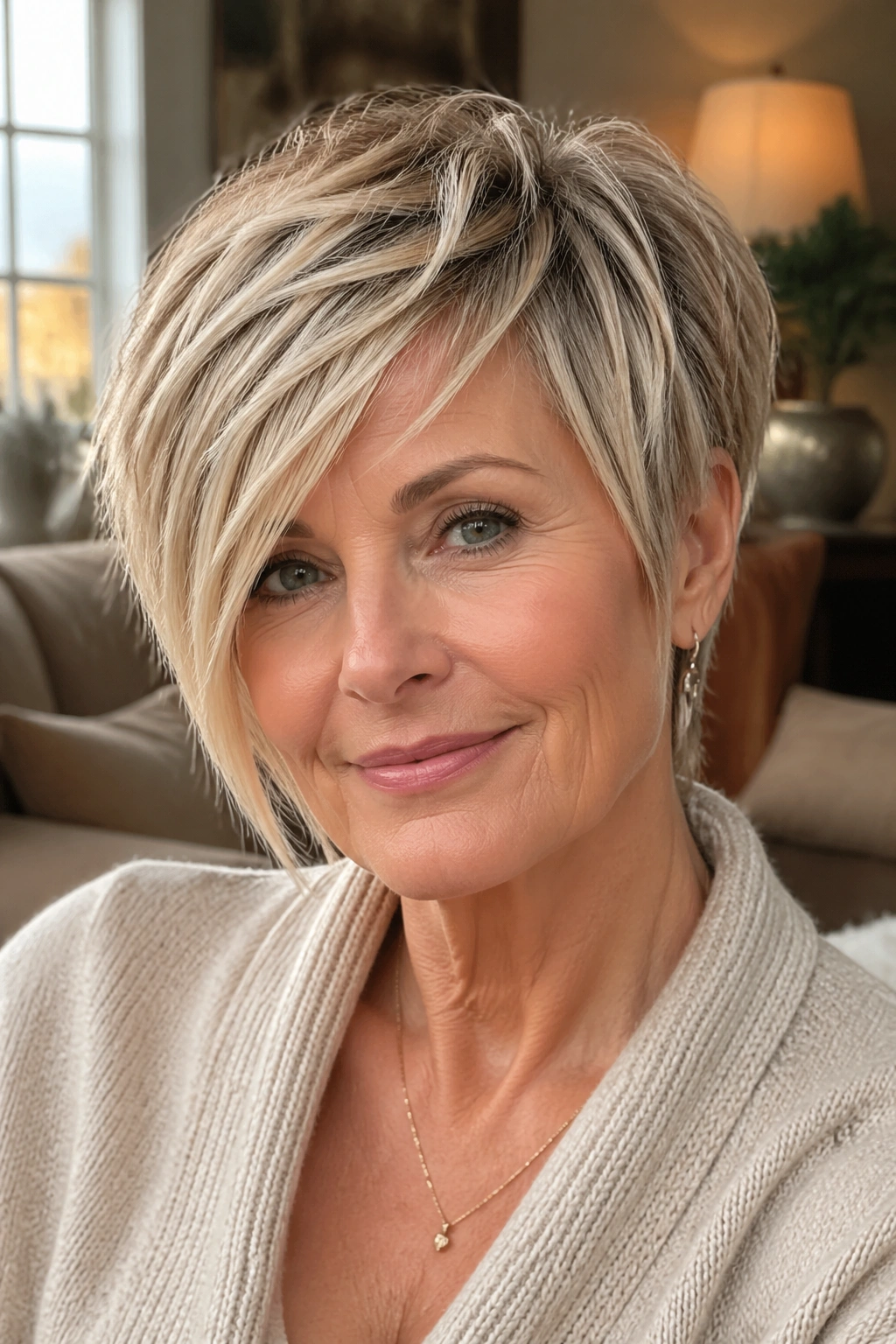 Close-up portrait of a real woman with pixie-bob wedge hybrid hairstyle, cropped back and longer top
