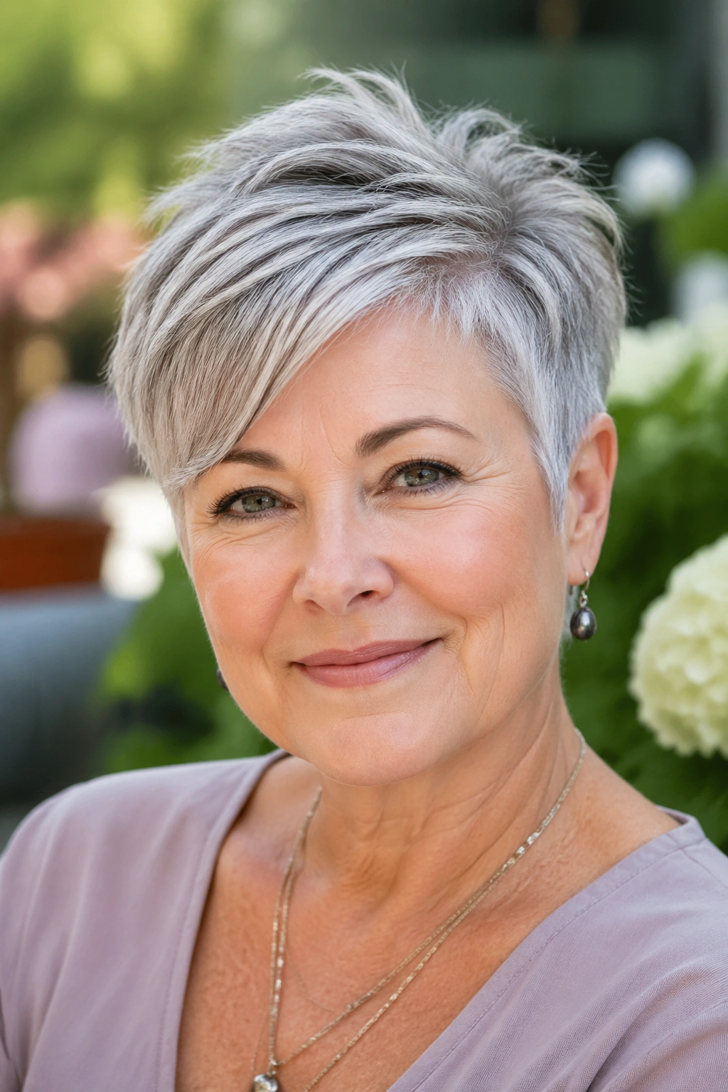 Close-up portrait of a real woman with a textured pixie and crown lift hairstyle