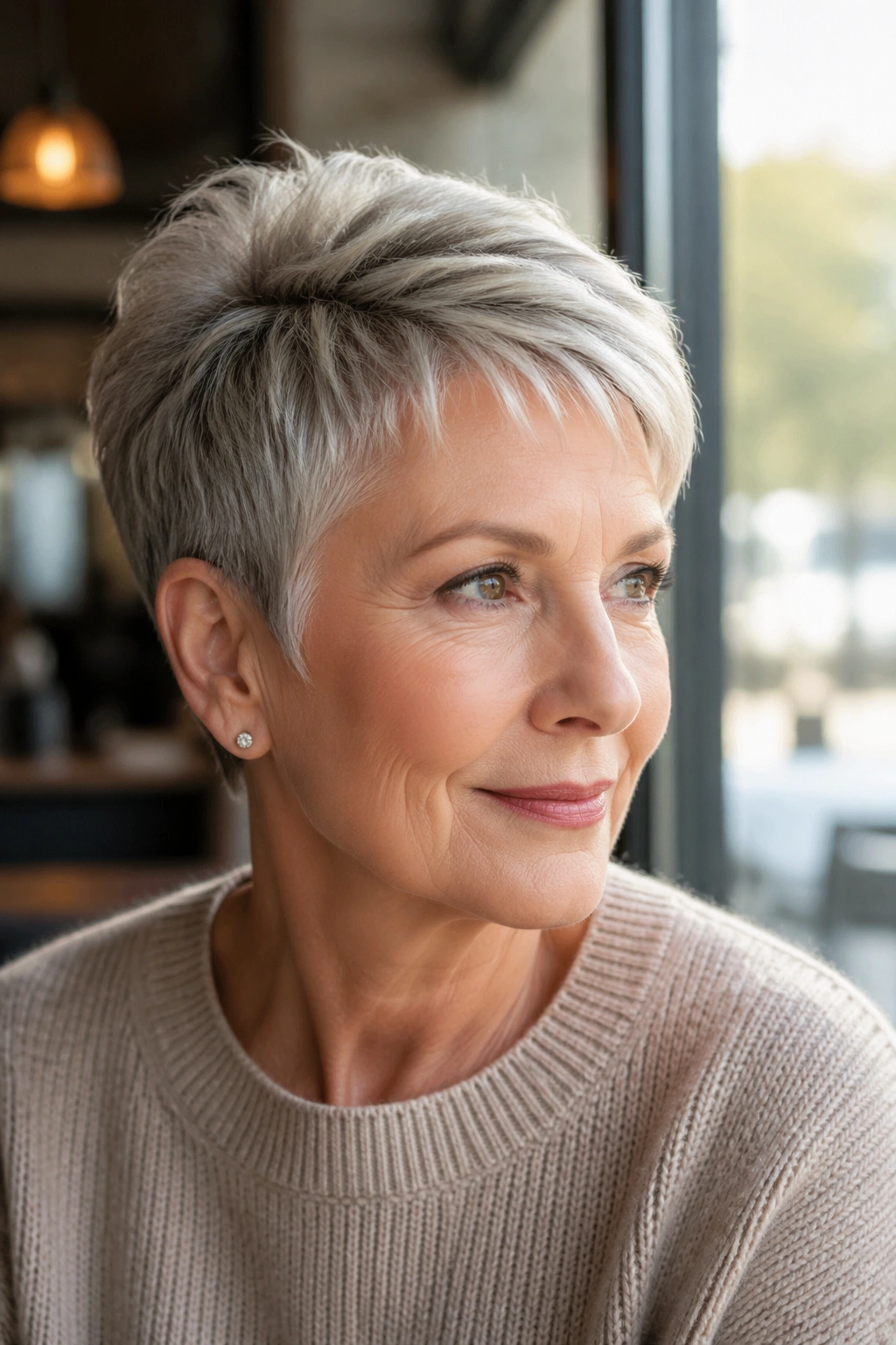 Close-up of a real woman with a soft razor pixie with crown lift hairstyle