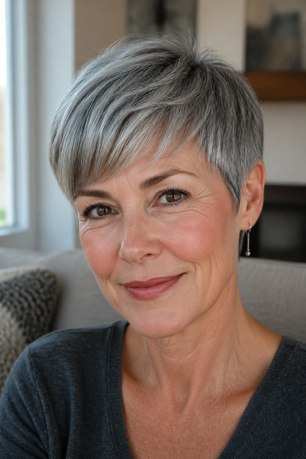 Close-up portrait of a real woman with curved fringe pixie
