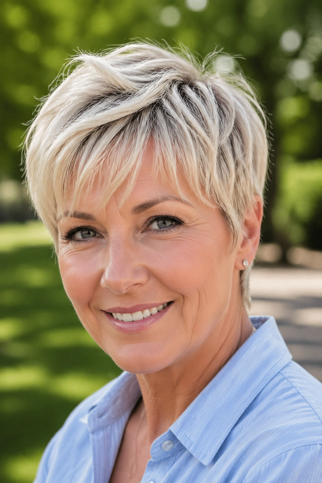 Close-up of a real woman with a feathered bangs pixie cut