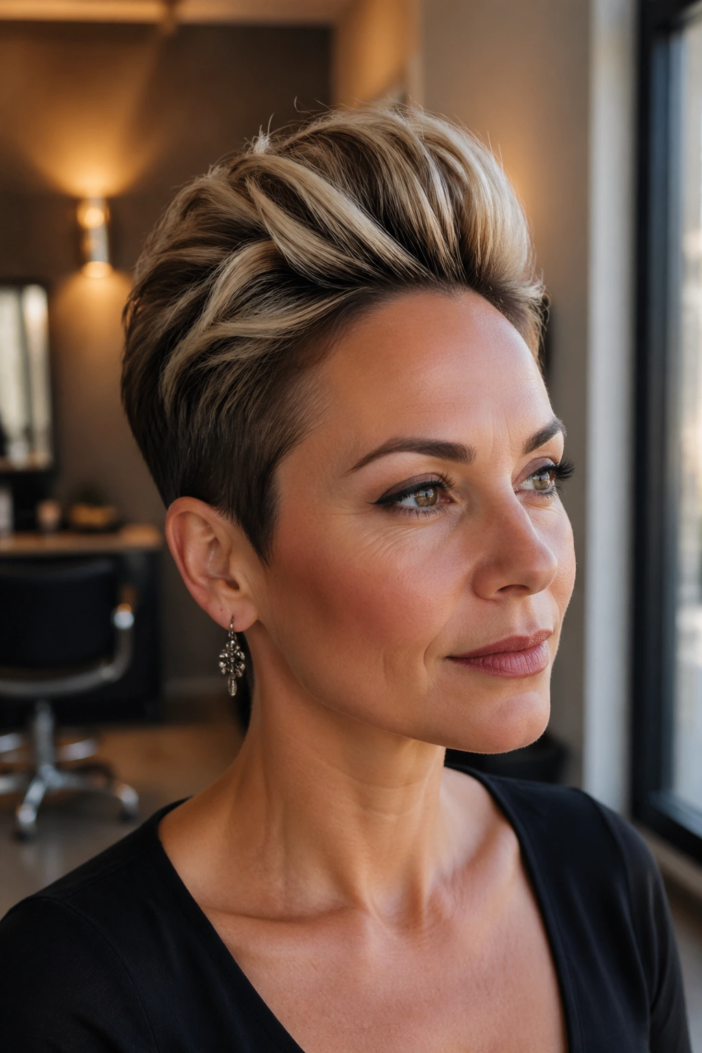 Close-up of a real woman with a sculpted pixie featuring a lifted crown and swept-back bangs in a warm salon setting