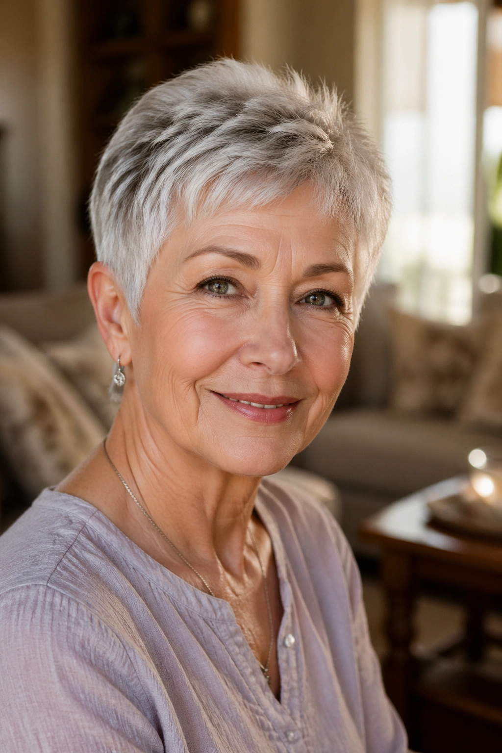 Older woman with soft pixie cut, ears framed, warm window light