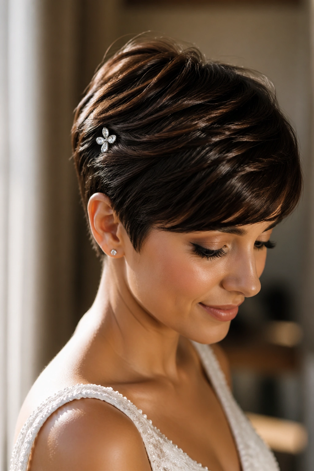 Real bride with pixie cut and satin brunette gloss, close-up portrait