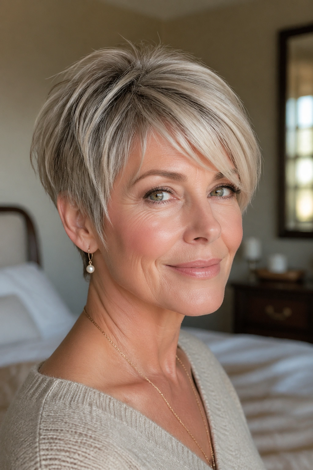 Close-up of a real woman with a soft pixie and side fringe in natural window light