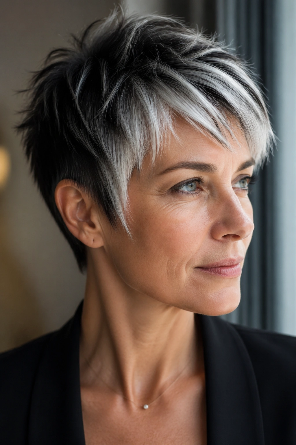 Close-up portrait of a real woman with icy face-frame on a pixie cut, silver-white fringe highlights