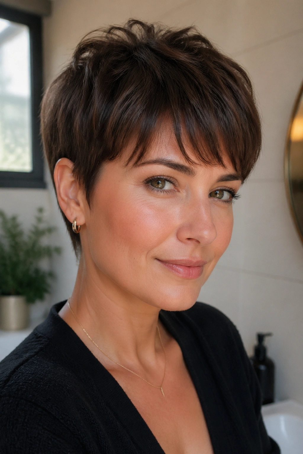Close-up of a real woman with a soft fringe on a pixie in a sunlit home setting