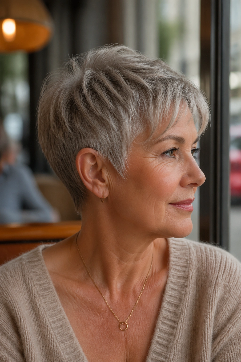 Close-up of a real woman with a soft pixie and tapered nape in cafe light