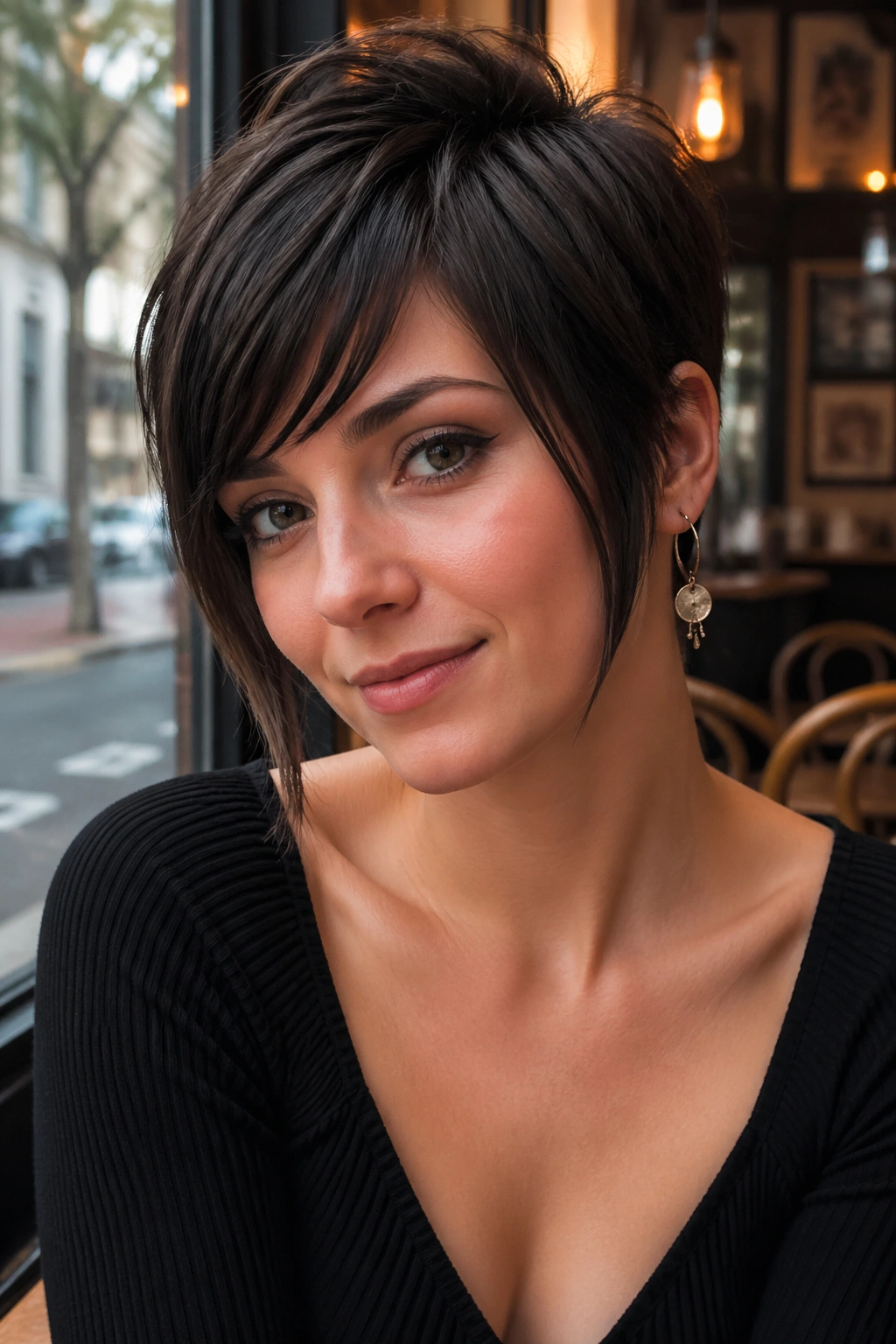 Close-up of a real woman with longer temple pieces in a face-framing pixie in a cafe setting