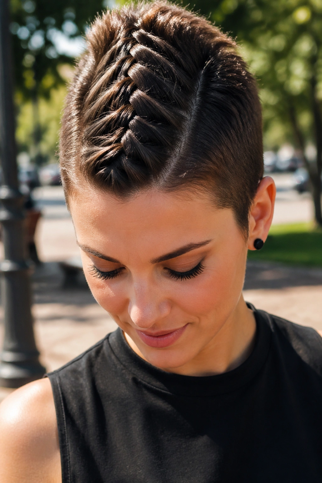 Close-up portrait of a real person with a pixie cut and a centered top braid ridge