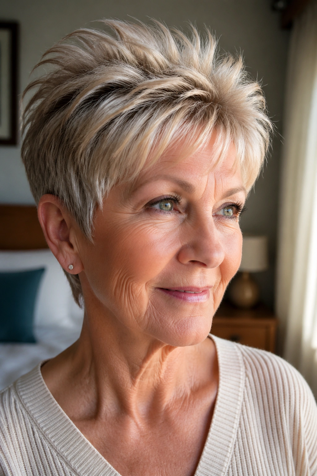 Close-up of a real woman with a feathered pixie and lifted crown in warm window light
