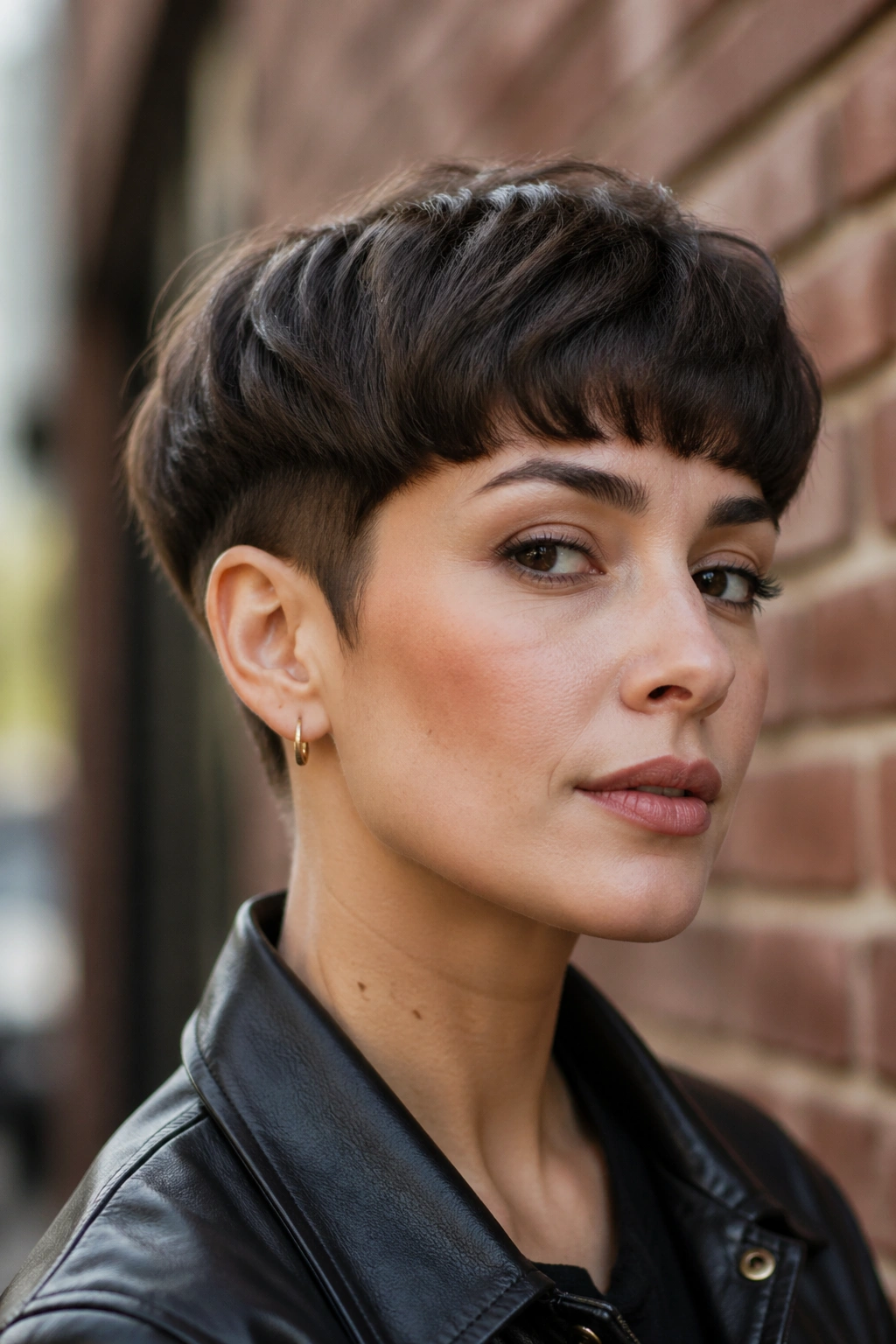 Close-up portrait of a real woman with a bowl-inspired pixie and modern edge in an urban setting.