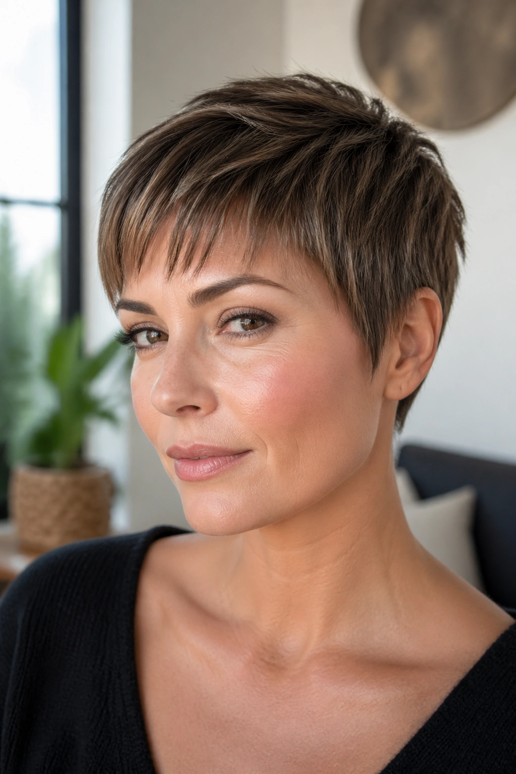 Close-up portrait of a real woman with a brushed-forward pixie and short fringe.