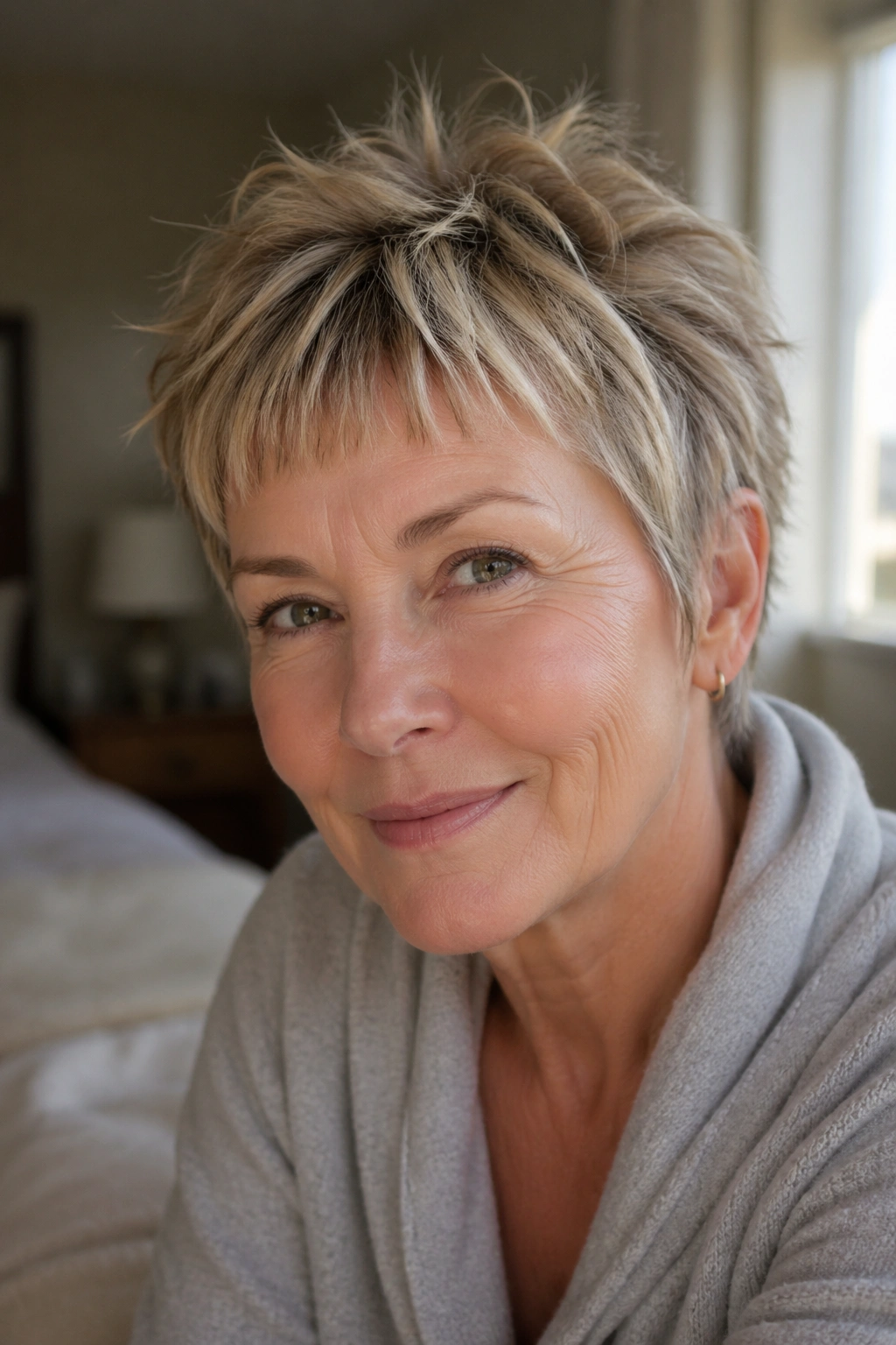 Close-up portrait of a real woman with tousled pixie cropped bangs in window light