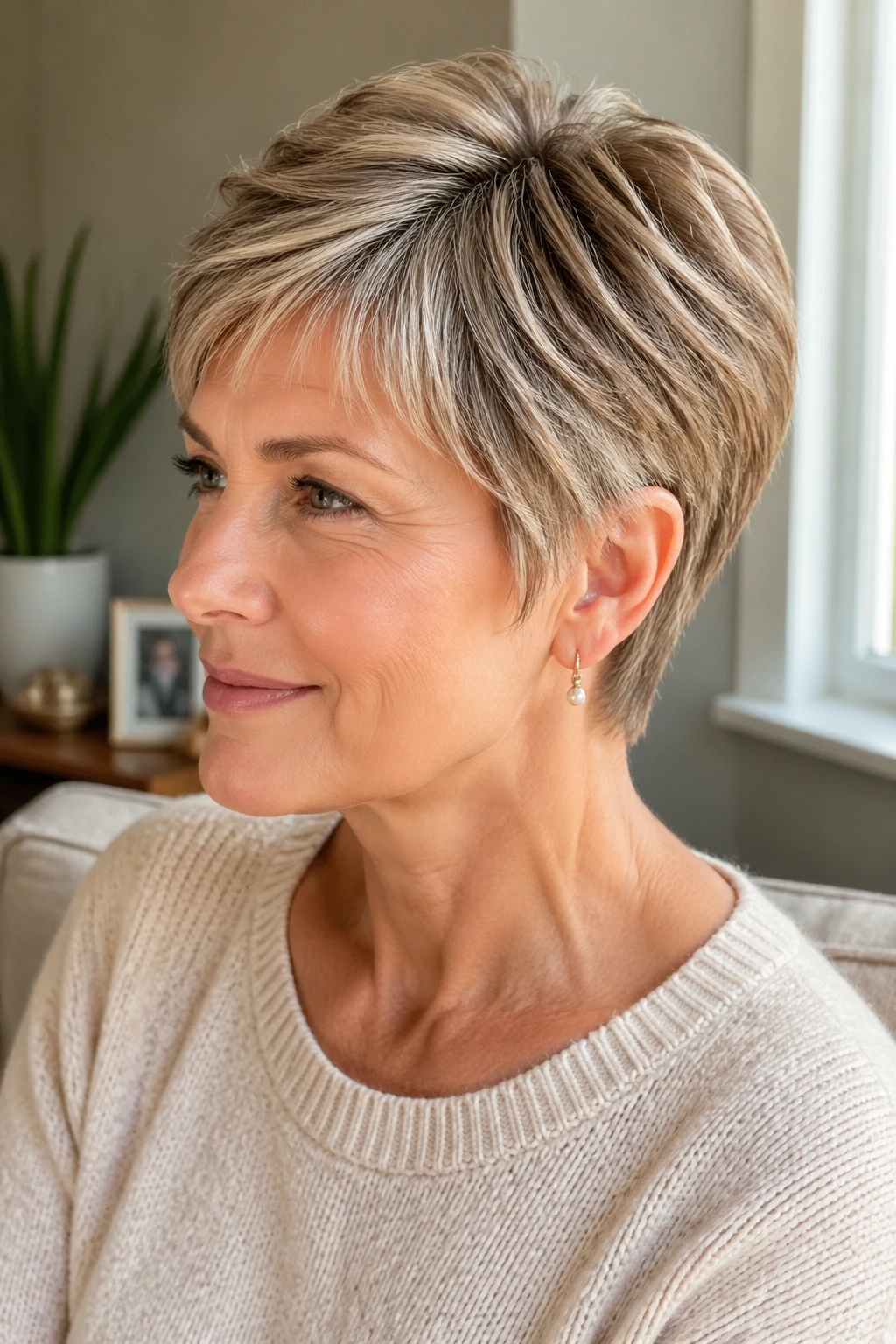 Close-up portrait of a woman with a soft layered pixie in a sunlit room
