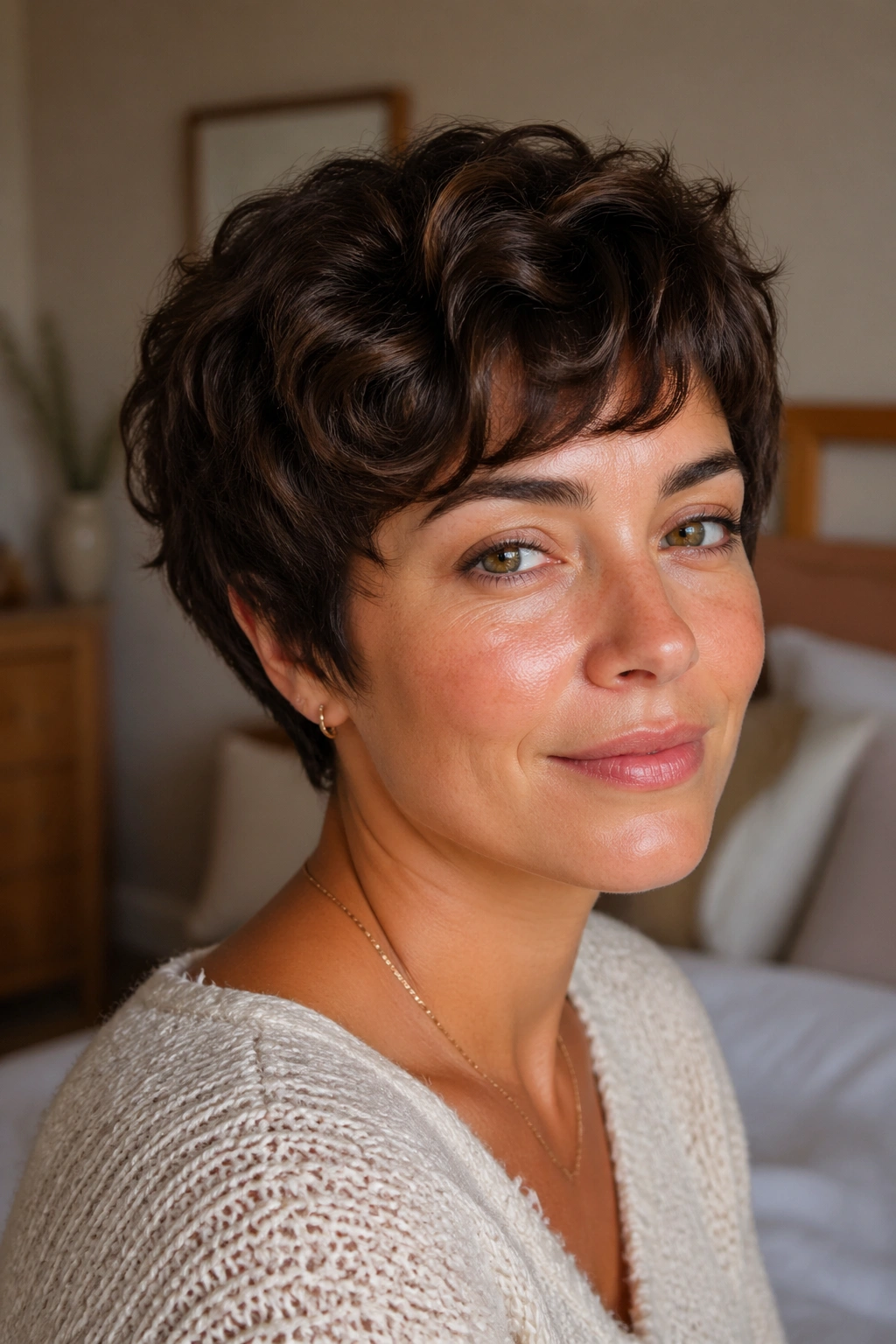Close-up of a real woman with a wavy pixie and rounded silhouette, soft waves framing the face.