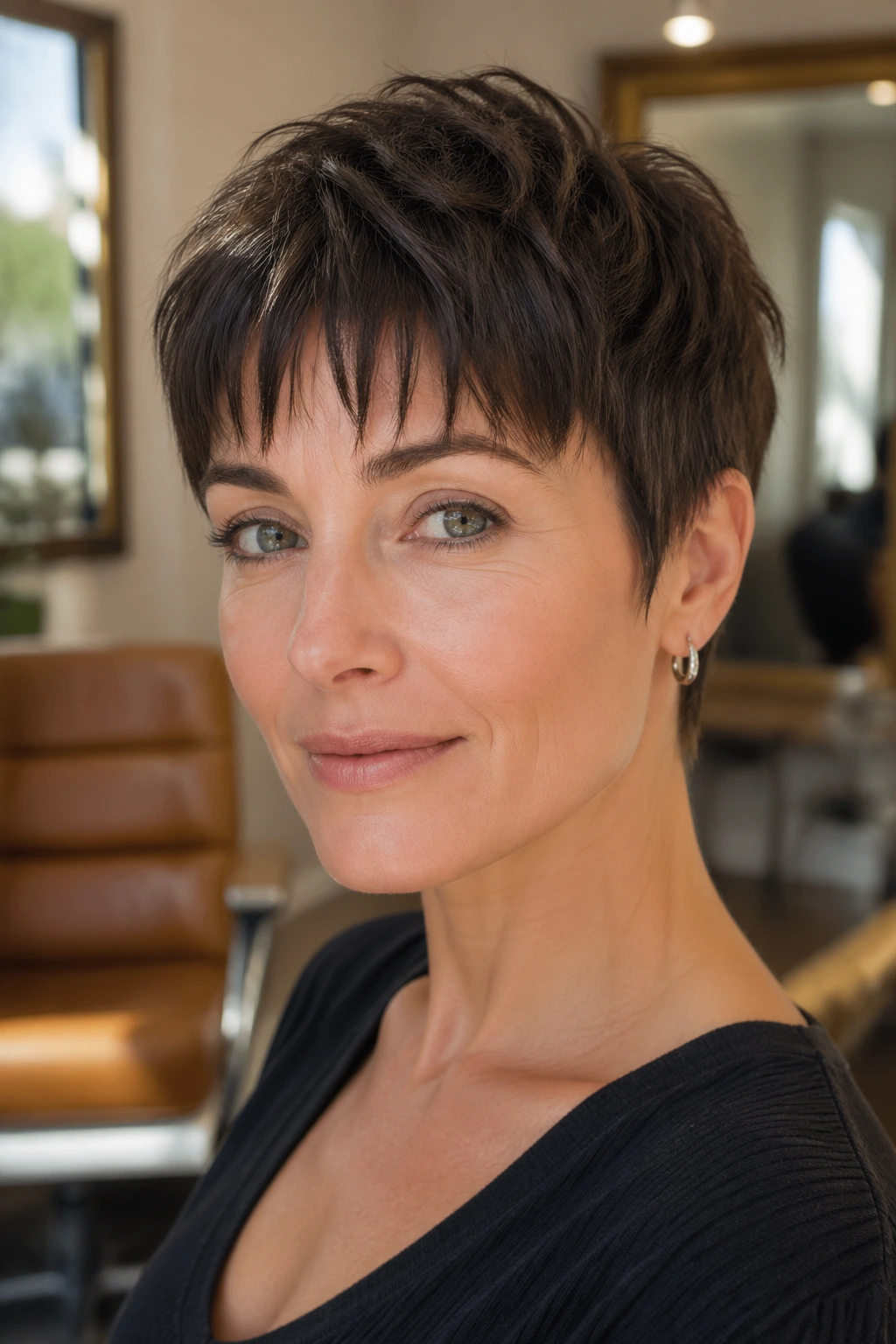 Close-up portrait of a real woman with a razor-cut pixie and shattered bangs in a warm salon.
