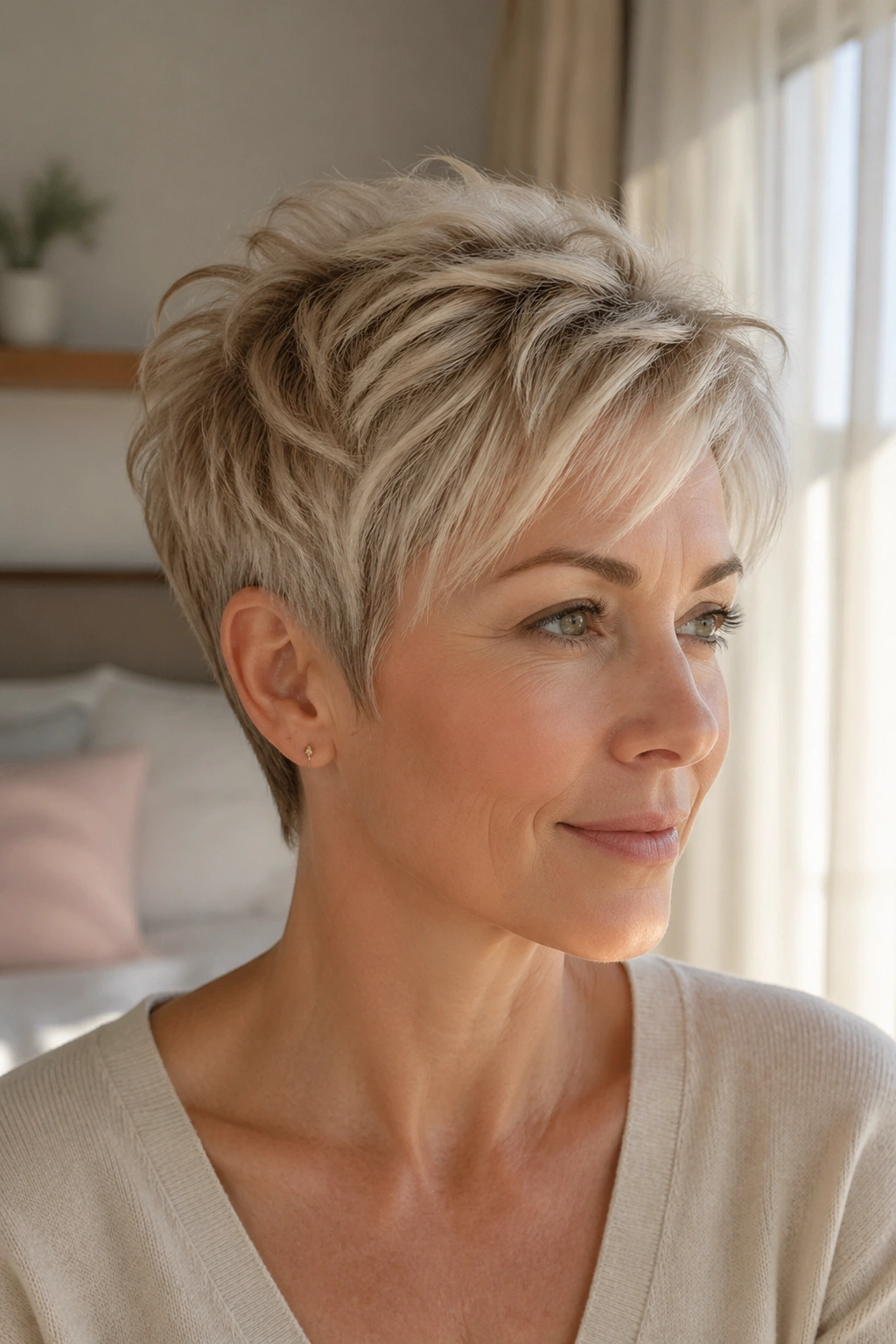 Close-up portrait of a woman with soft layered pixie haircut for fine hair in natural window light