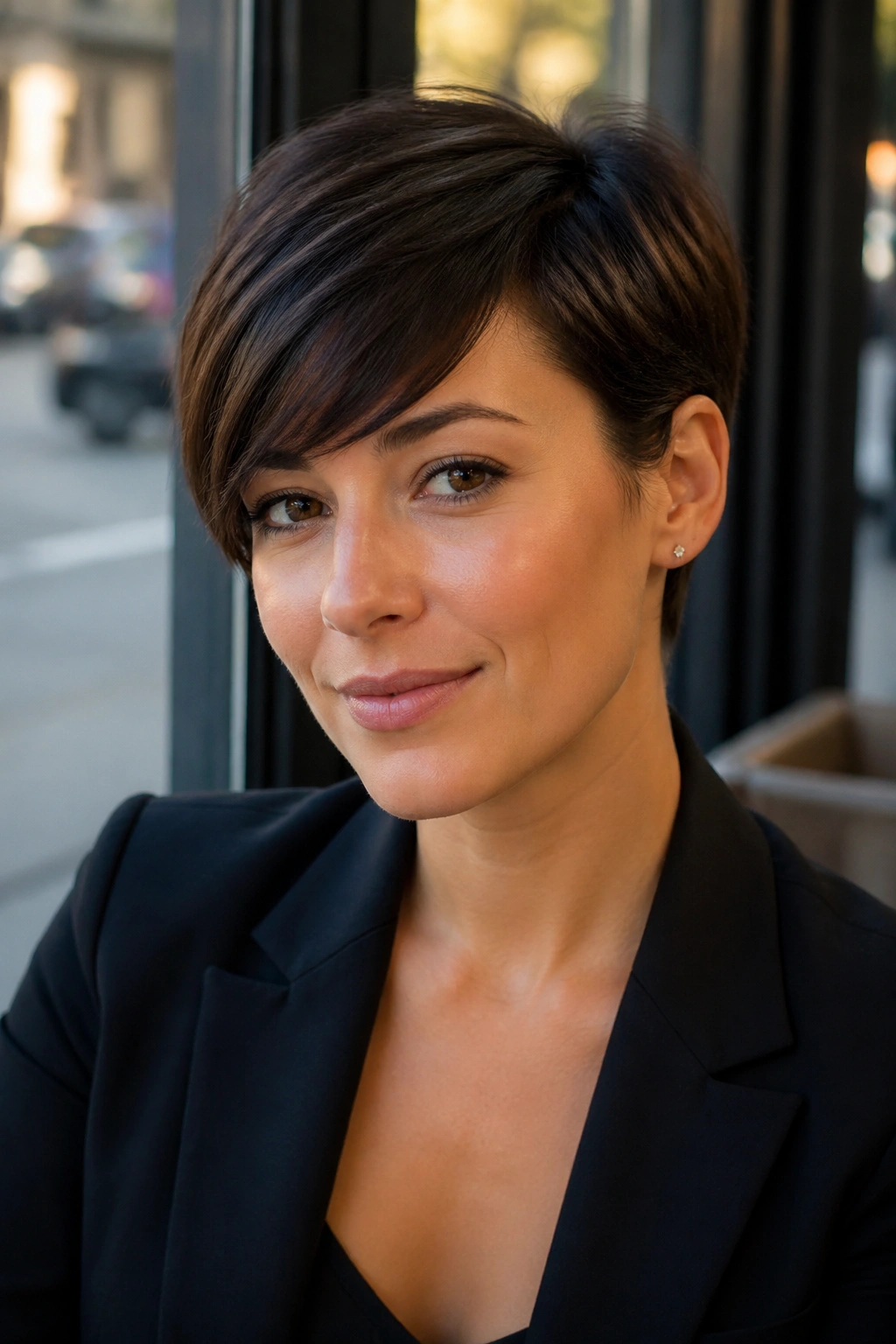 Close-up portrait of a real woman with a tucked-behind-ear pixie and side fringe.