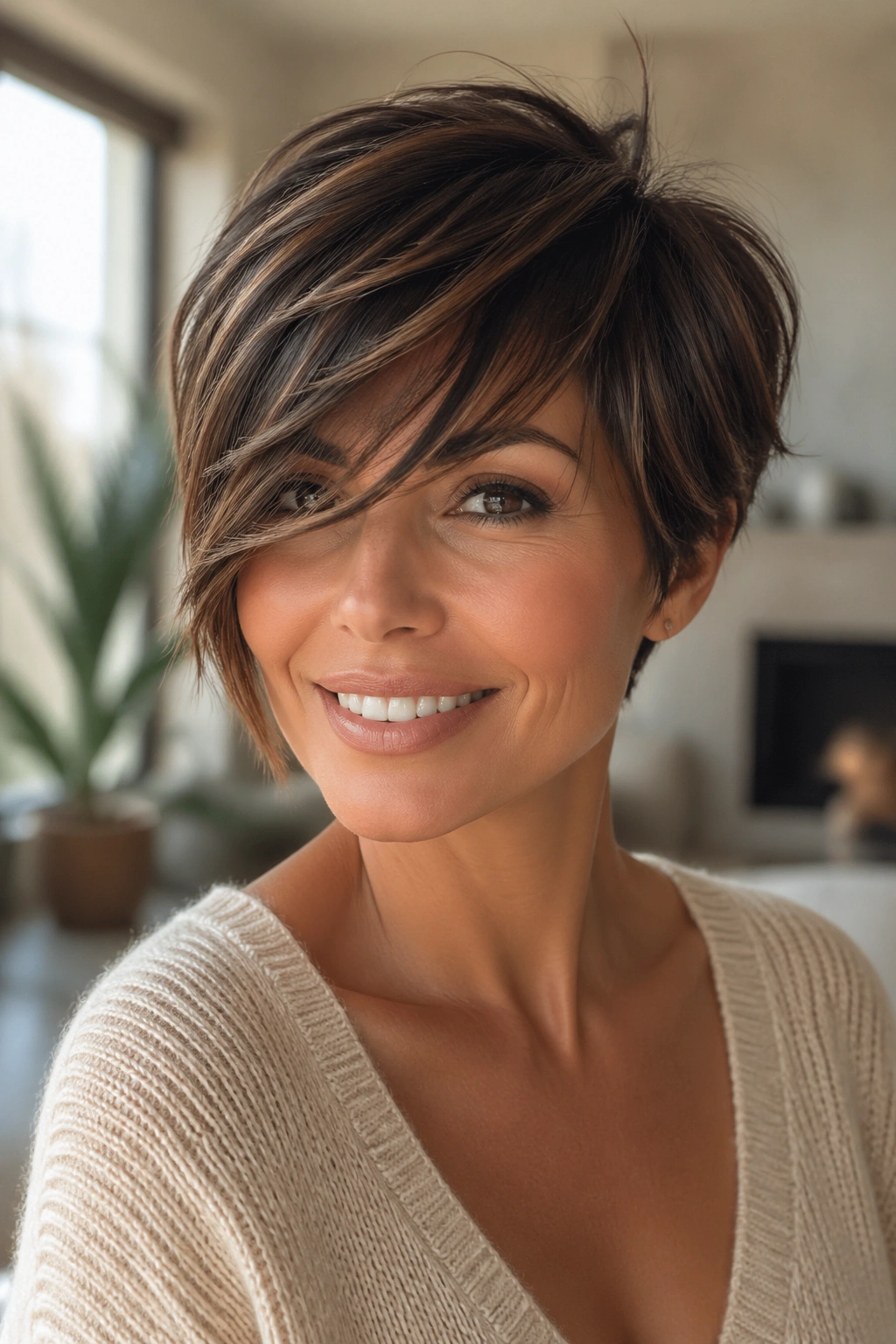 Close-up of a person with long layered pixie and swoopy bangs in a sunny living room
